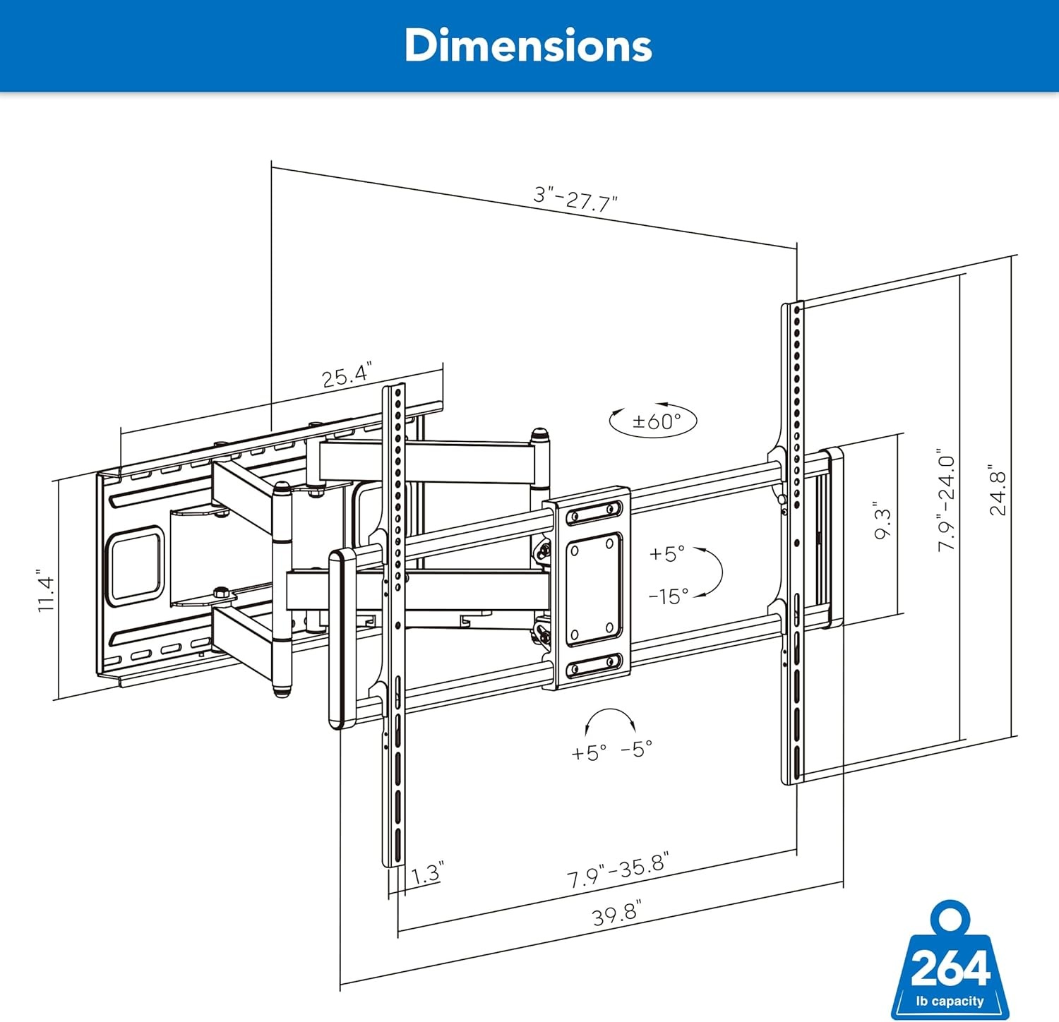 image:imageMountIt Heavy Duty XXL Full Motion TV Wall Mount for Extra Large TVs max VESA 900x600 Holds up to 264lb Swivel Tilt Extension Adjustable TV Mount for 60 65 75 80 85 90 98 100 115 120 in