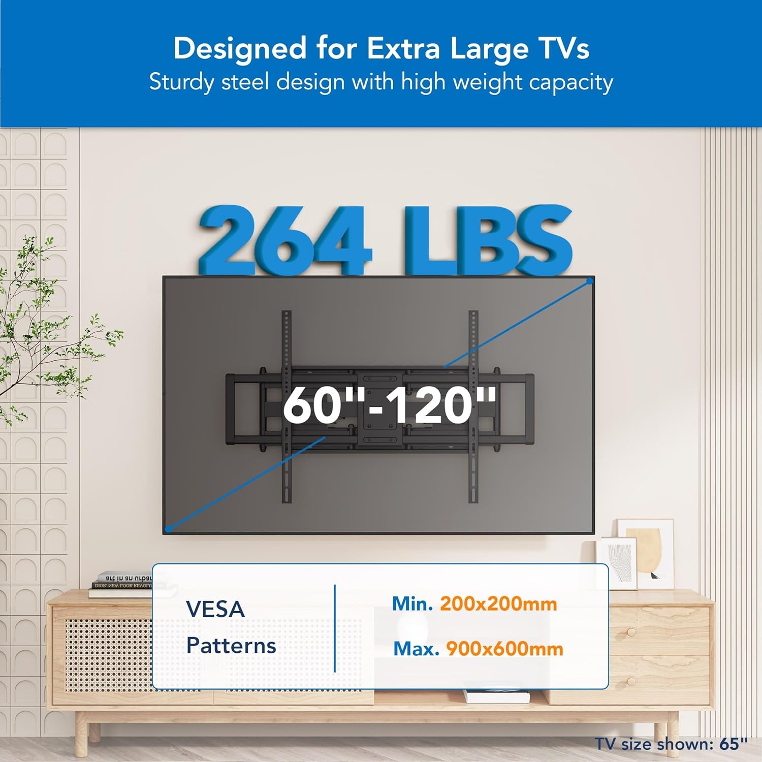image:imageMountIt Heavy Duty XXL Full Motion TV Wall Mount for Extra Large TVs max VESA 900x600 Holds up to 264lb Swivel Tilt Extension Adjustable TV Mount for 60 65 75 80 85 90 98 100 115 120 in