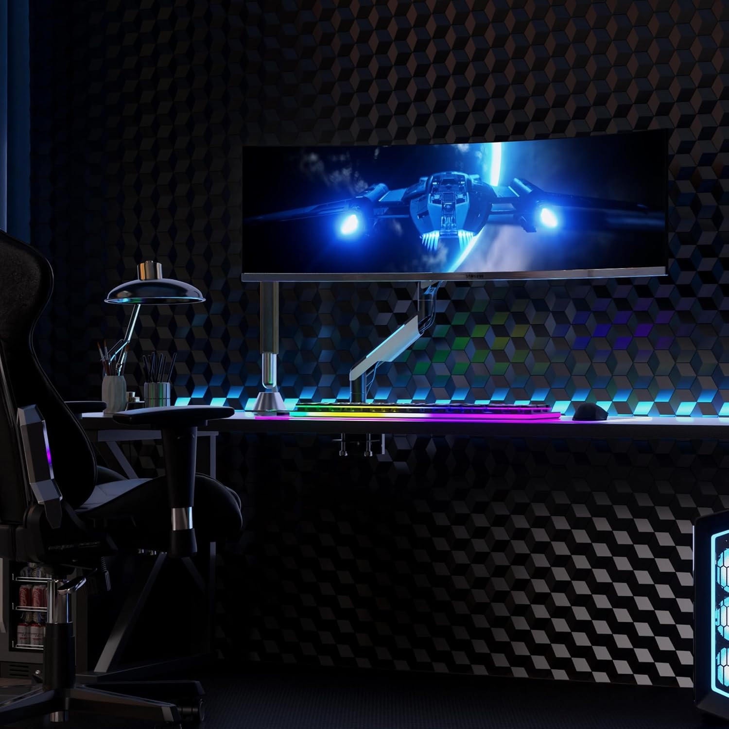 image:imageMountIt HeavyDuty Ultrawide Monitor Arm up to 49 44 lb Capacity Desk Mount for Curved amp Widescreen Monitors Compatible with Samsung Odyssey G9 Gas Spring RGB Lighting VESA 75x75 amp 100x100