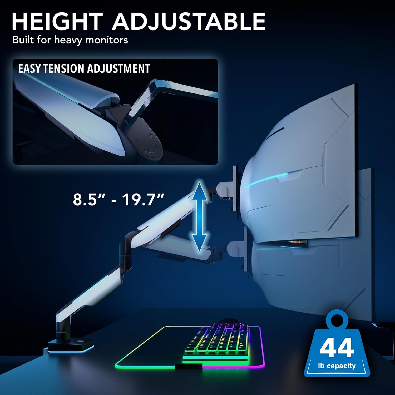 image:imageMountIt HeavyDuty Ultrawide Monitor Arm up to 49 44 lb Capacity Desk Mount for Curved amp Widescreen Monitors Compatible with Samsung Odyssey G9 Gas Spring RGB Lighting VESA 75x75 amp 100x100