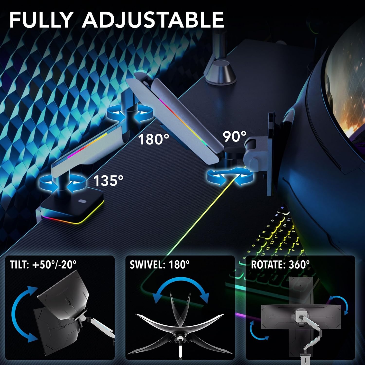image:imageMountIt HeavyDuty Ultrawide Monitor Arm up to 49 44 lb Capacity Desk Mount for Curved amp Widescreen Monitors Compatible with Samsung Odyssey G9 Gas Spring RGB Lighting VESA 75x75 amp 100x100