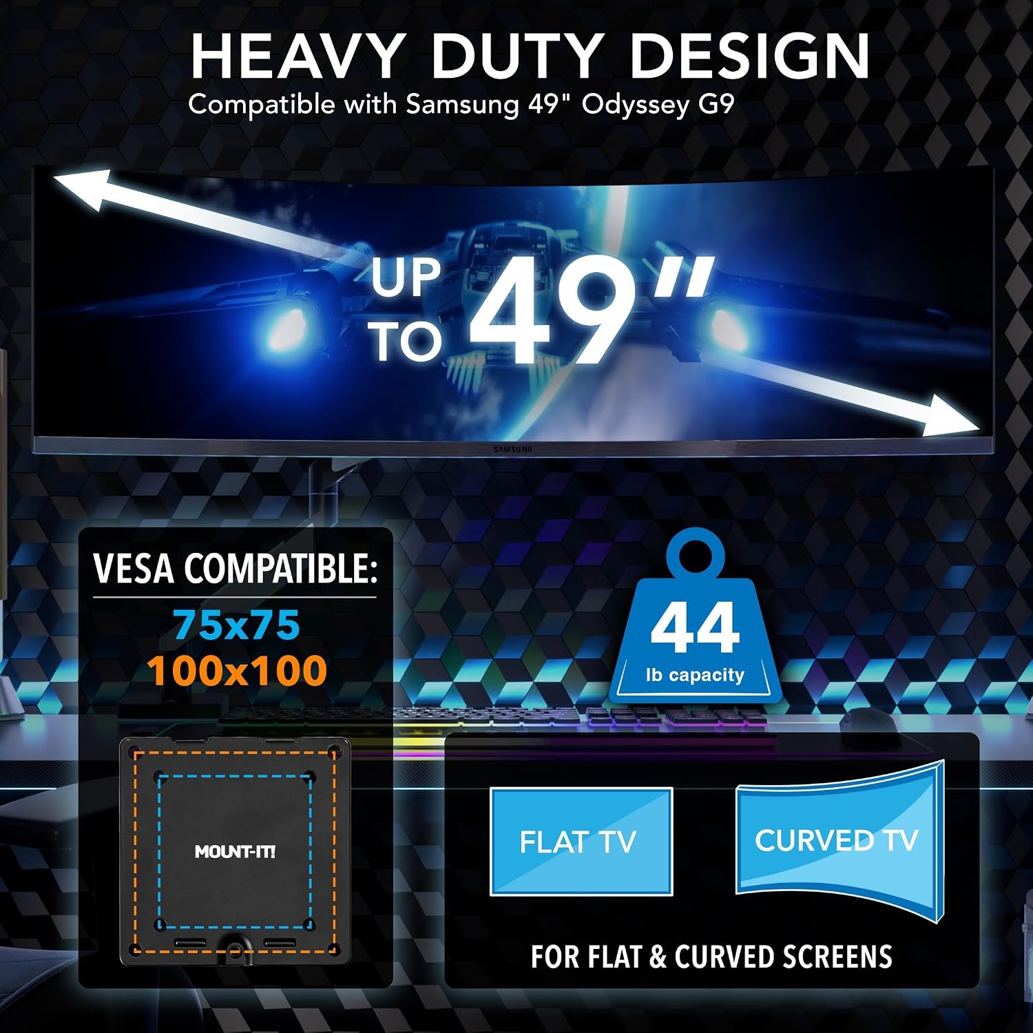image:imageMountIt HeavyDuty Ultrawide Monitor Arm up to 49 44 lb Capacity Desk Mount for Curved amp Widescreen Monitors Compatible with Samsung Odyssey G9 Gas Spring RGB Lighting VESA 75x75 amp 100x100
