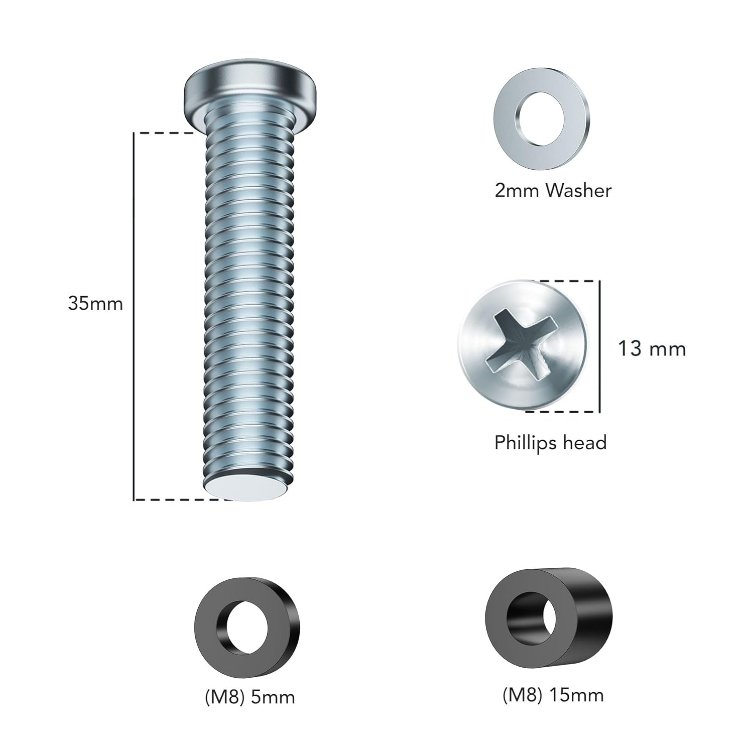 image:imageMountIt M8 TV Mounting Hardware Kit Includes M8 x 35mm Screws 5mm amp 15mm Spacers Washers TV Screw Set for Wall Mount Installation Compatible with Samsung LG Sony Vizio amp More