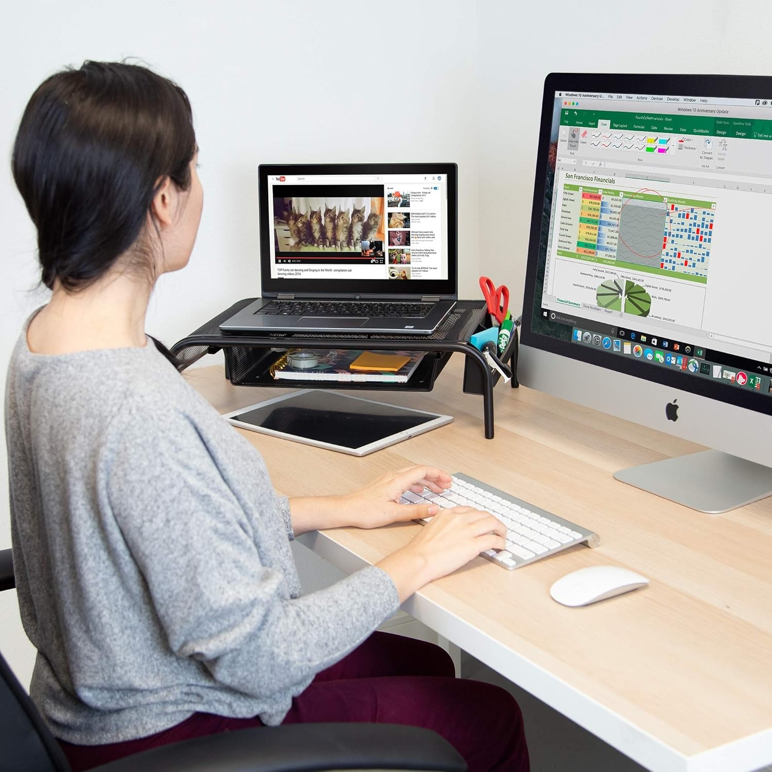 image:imageMountIt Metal Mesh Monitor Stand with Drawer Ergonomic Desk Organizer and Riser for Monitors and Laptops Desktop Stand with Extra Storage and Side Pocket Black
