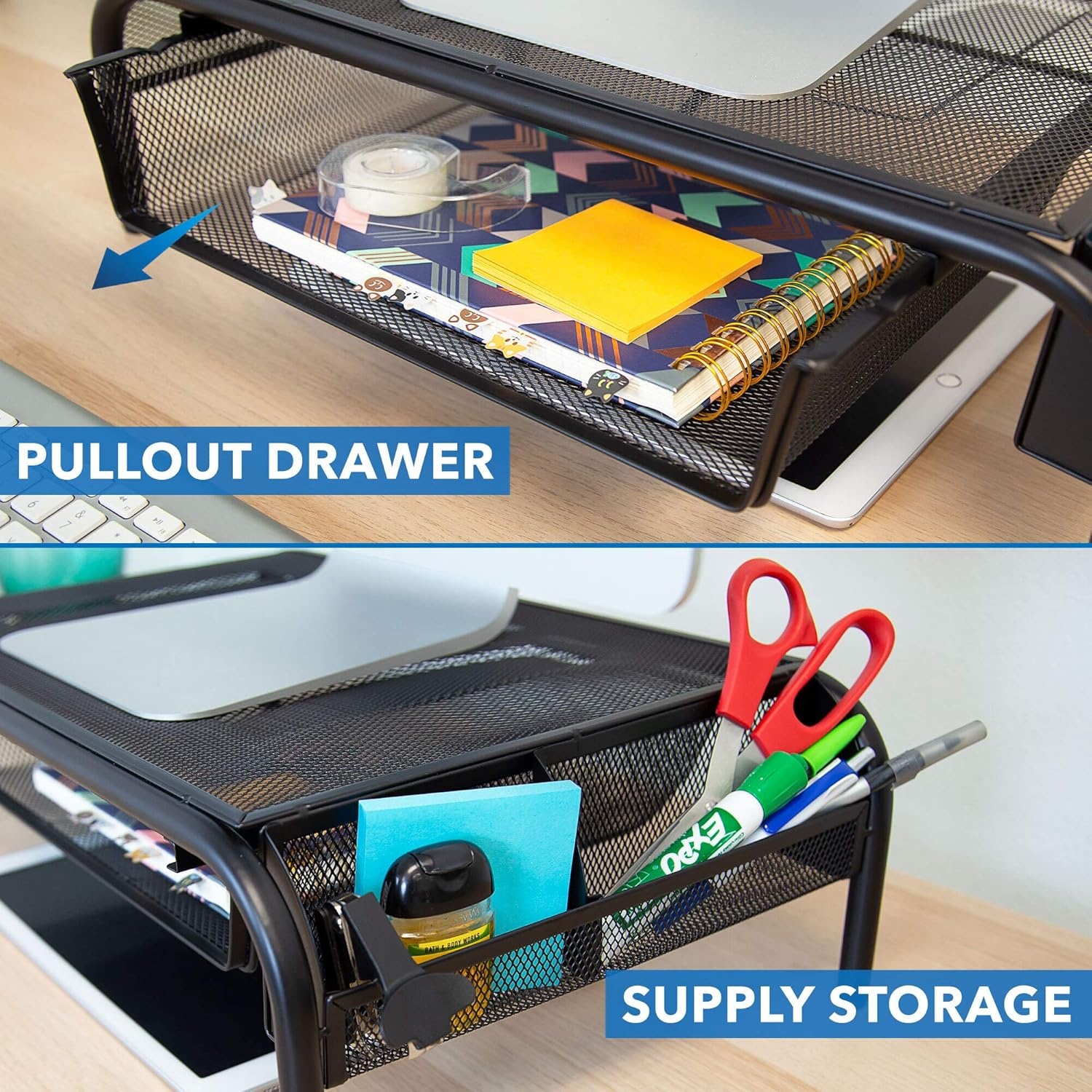image:imageMountIt Metal Mesh Monitor Stand with Drawer Ergonomic Desk Organizer and Riser for Monitors and Laptops Desktop Stand with Extra Storage and Side Pocket Black