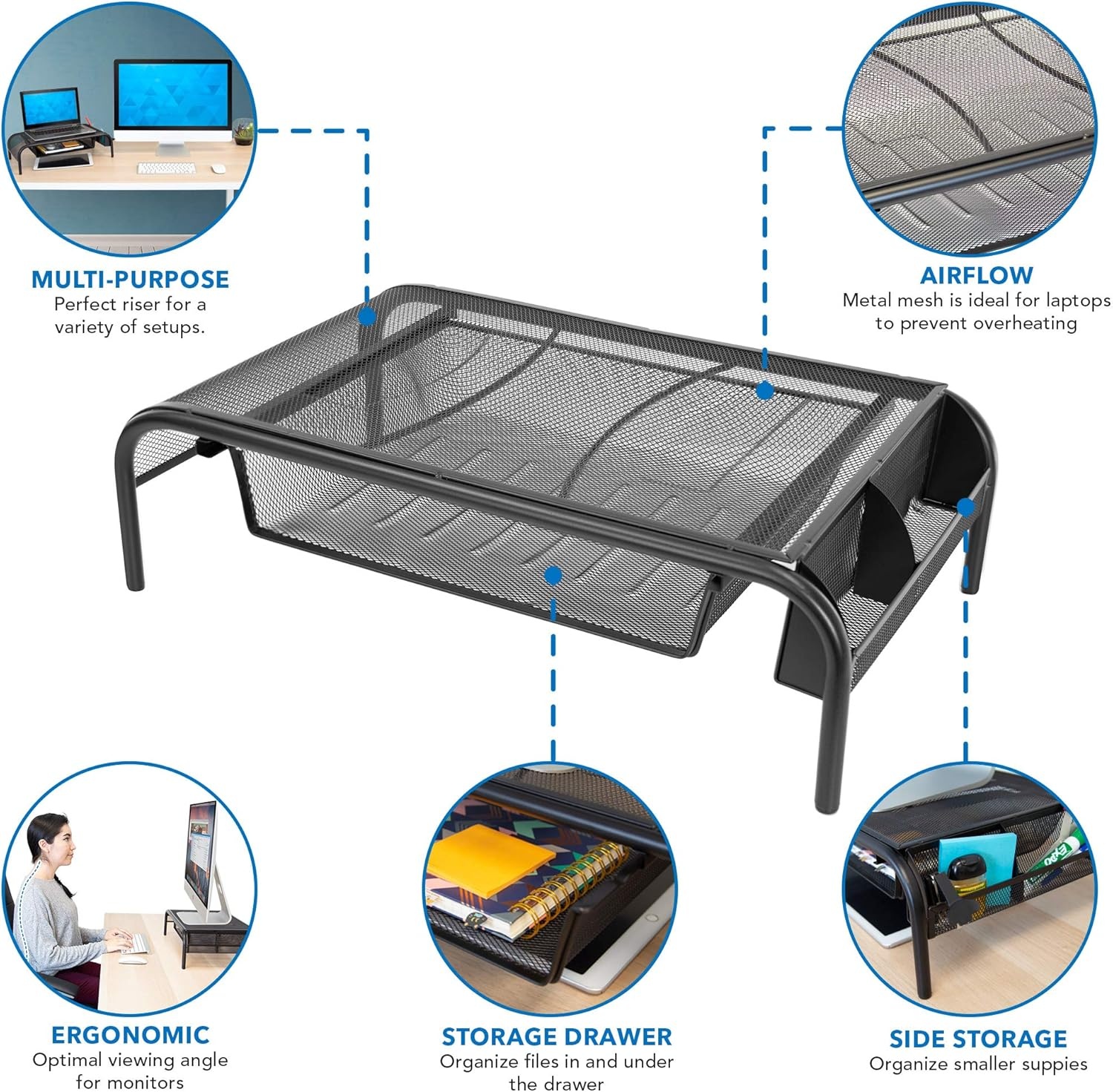 image:imageMountIt Metal Mesh Monitor Stand with Drawer Ergonomic Desk Organizer and Riser for Monitors and Laptops Desktop Stand with Extra Storage and Side Pocket Black
