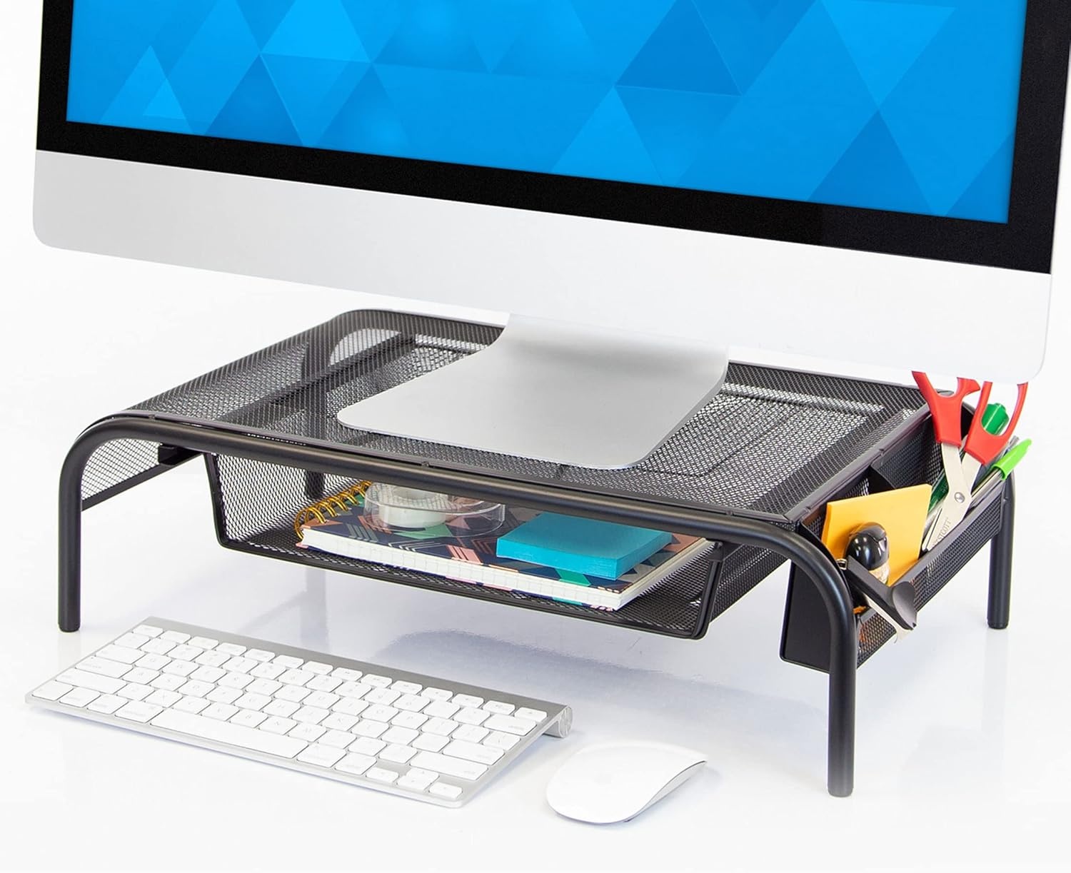 image:imageMountIt Metal Mesh Monitor Stand with Drawer Ergonomic Desk Organizer and Riser for Monitors and Laptops Desktop Stand with Extra Storage and Side Pocket Black