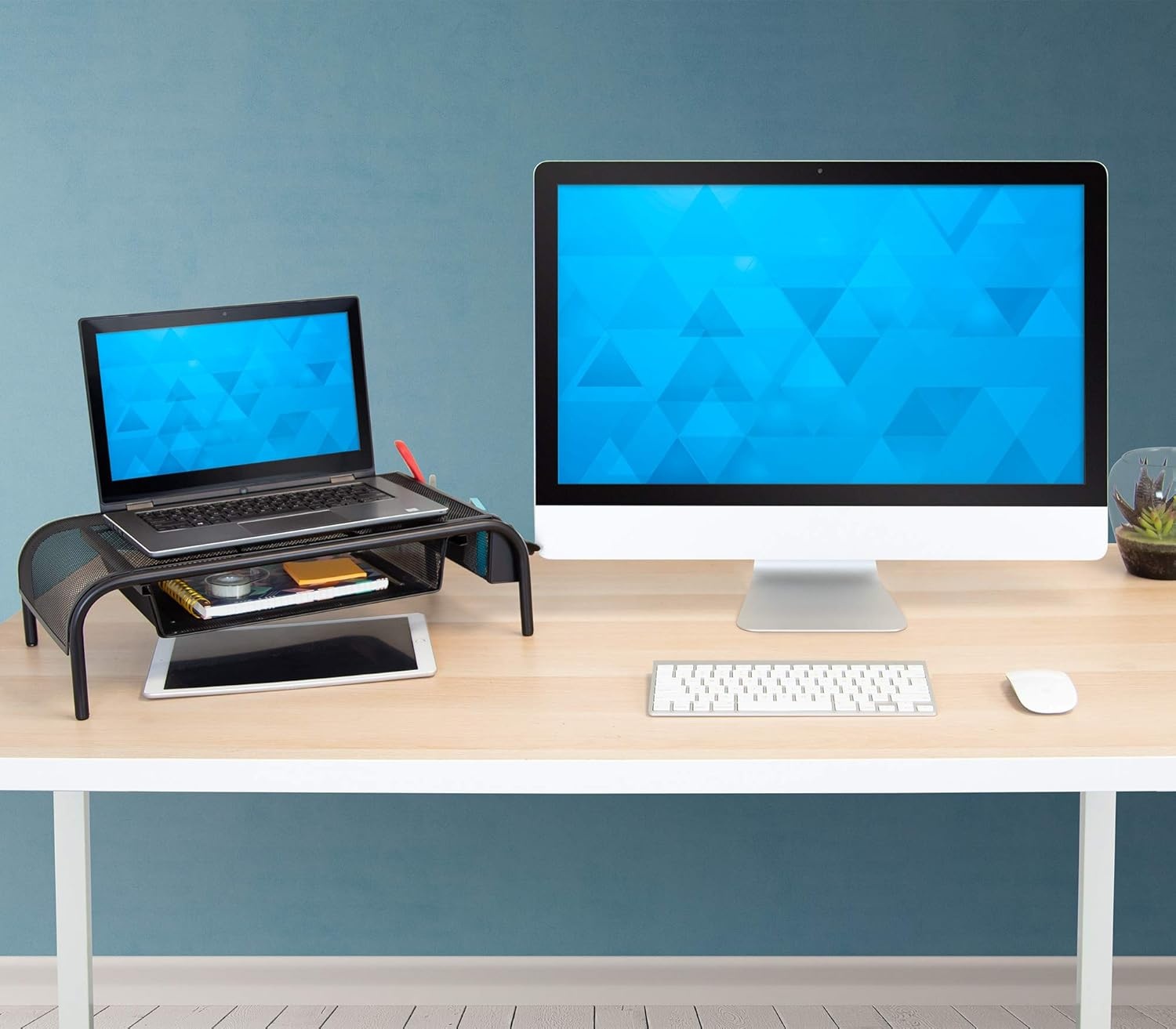 image:imageMountIt Metal Mesh Monitor Stand with Drawer Ergonomic Desk Organizer and Riser for Monitors and Laptops Desktop Stand with Extra Storage and Side Pocket Black