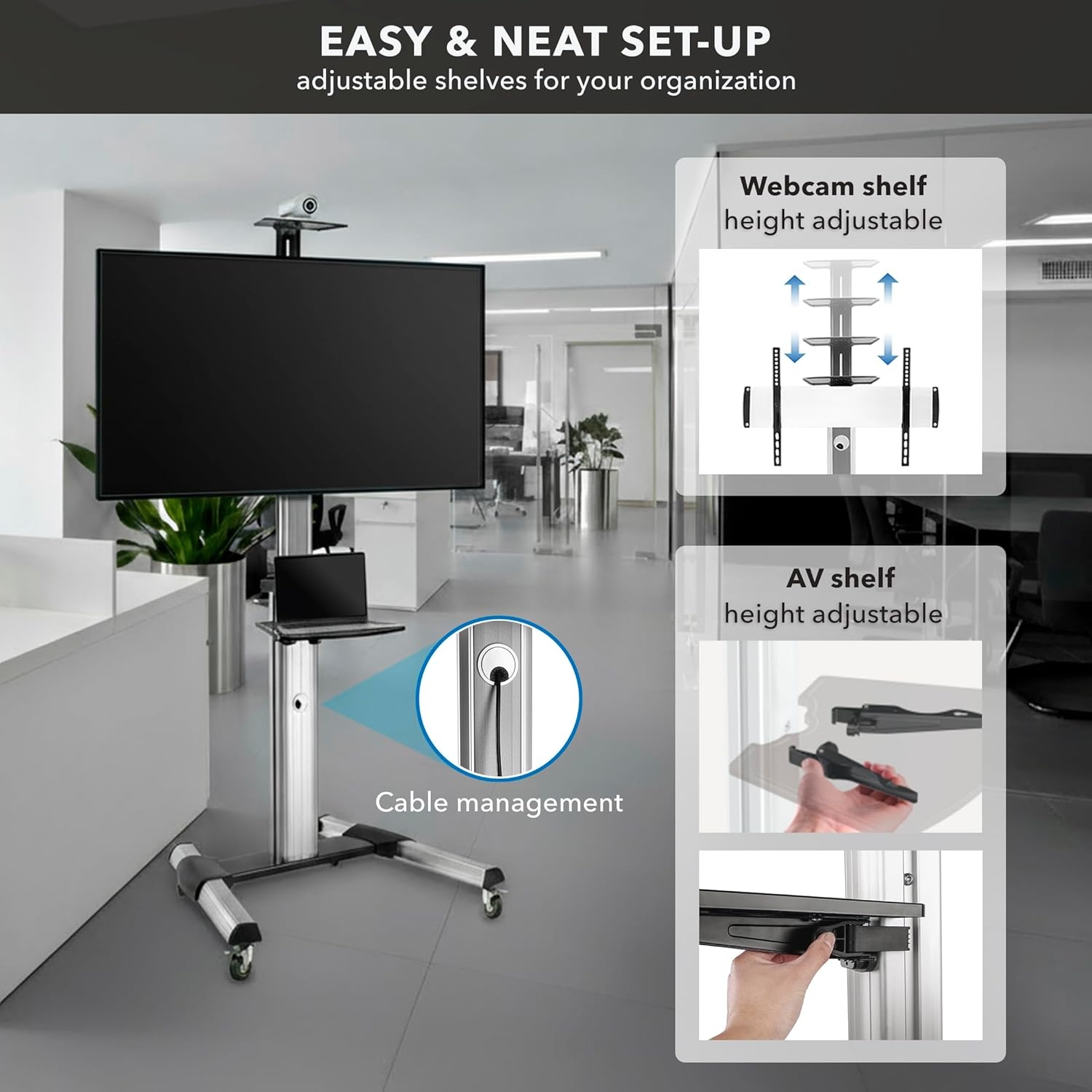 image:imageMountIt Mobile TV Stand for Flat Screen Televisions Height Adjustable Rolling TV Cart for 32 40 50 55 60 65 and 70 Inch Screens 110 Pound Capacity