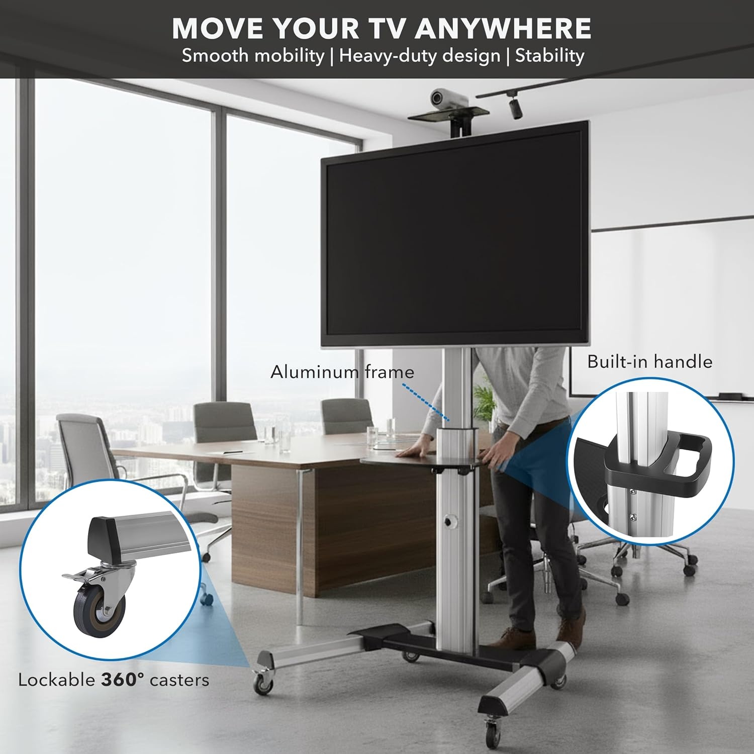 image:imageMountIt Mobile TV Stand for Flat Screen Televisions Height Adjustable Rolling TV Cart for 32 40 50 55 60 65 and 70 Inch Screens 110 Pound Capacity