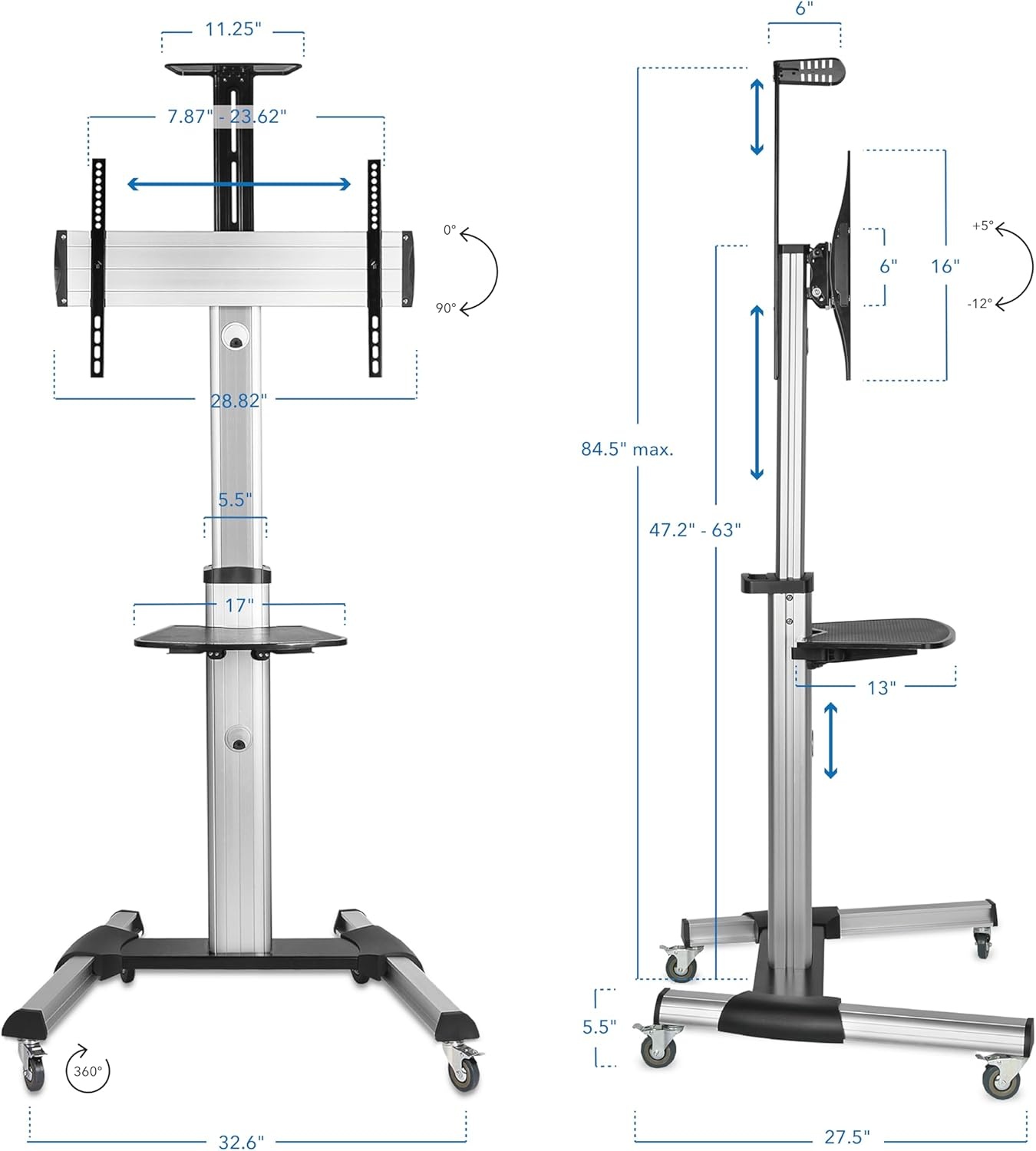 image:imageMountIt Mobile TV Stand for Flat Screen Televisions Height Adjustable Rolling TV Cart for 32 40 50 55 60 65 and 70 Inch Screens 110 Pound Capacity