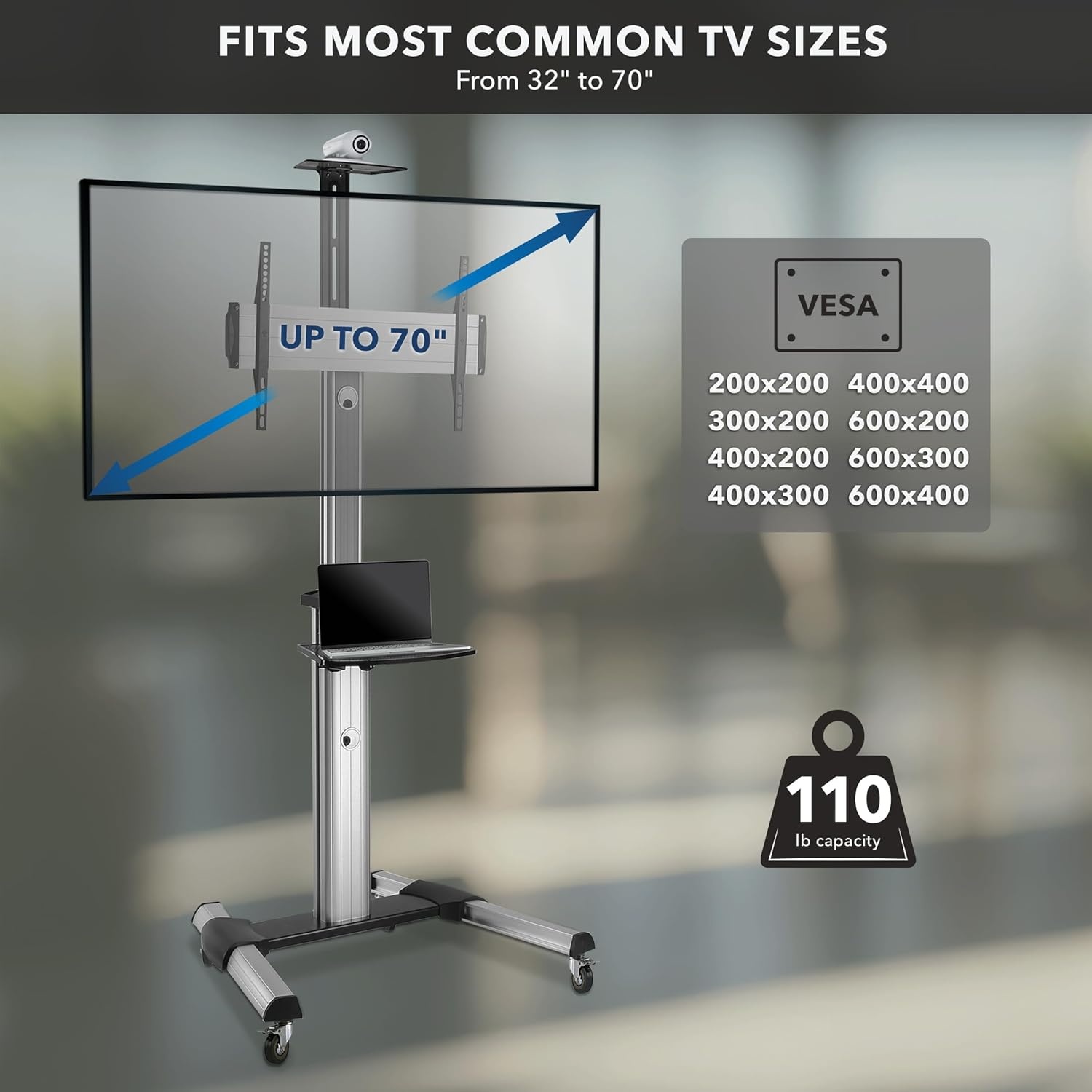 image:imageMountIt Mobile TV Stand for Flat Screen Televisions Height Adjustable Rolling TV Cart for 32 40 50 55 60 65 and 70 Inch Screens 110 Pound Capacity