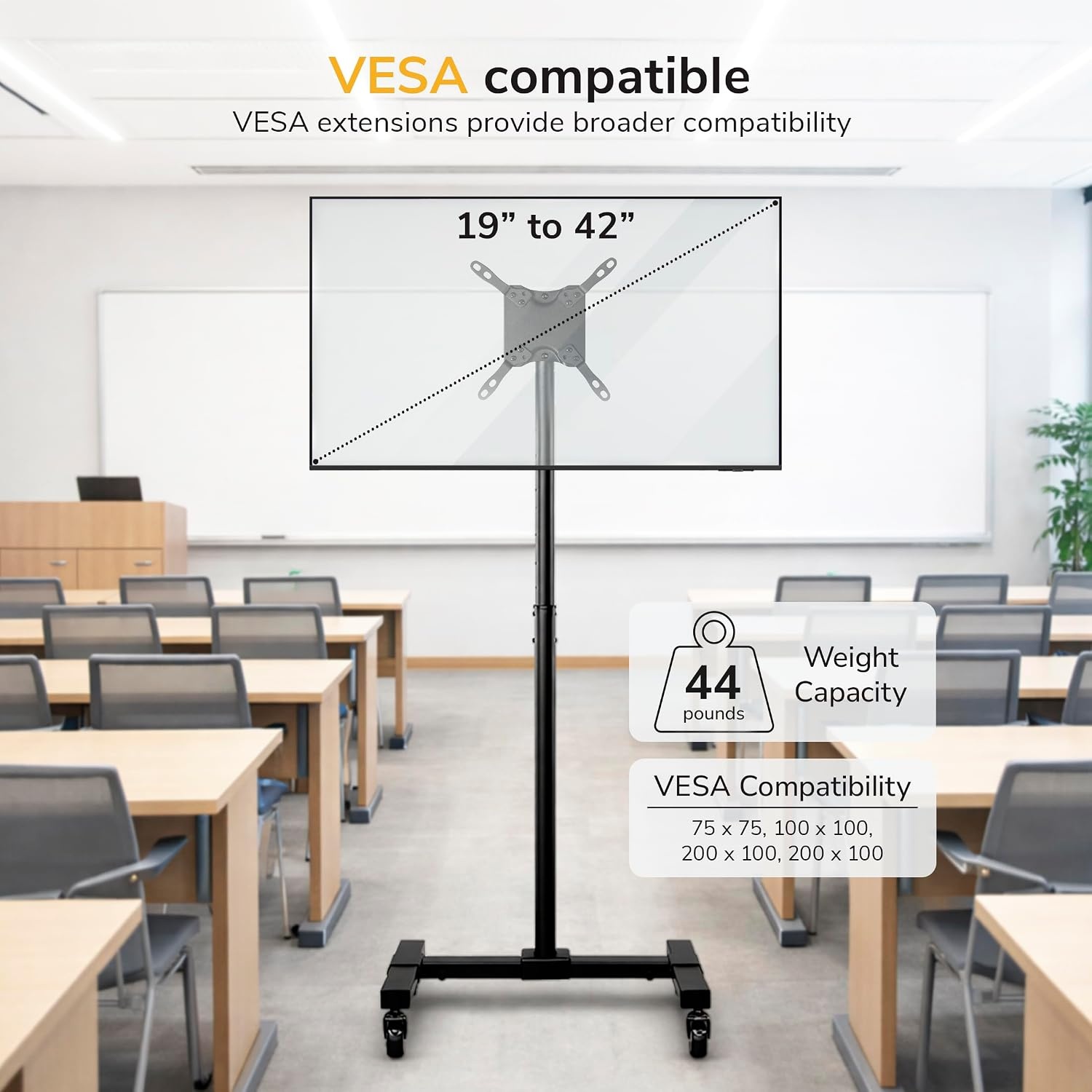 image:imageMountIt Mobile TV Stand with Locking Wheels Adjustable Height Rolling Cart for 13 42 Flat Panel LCD LED Screens VESA Compatible up to 200mm Black