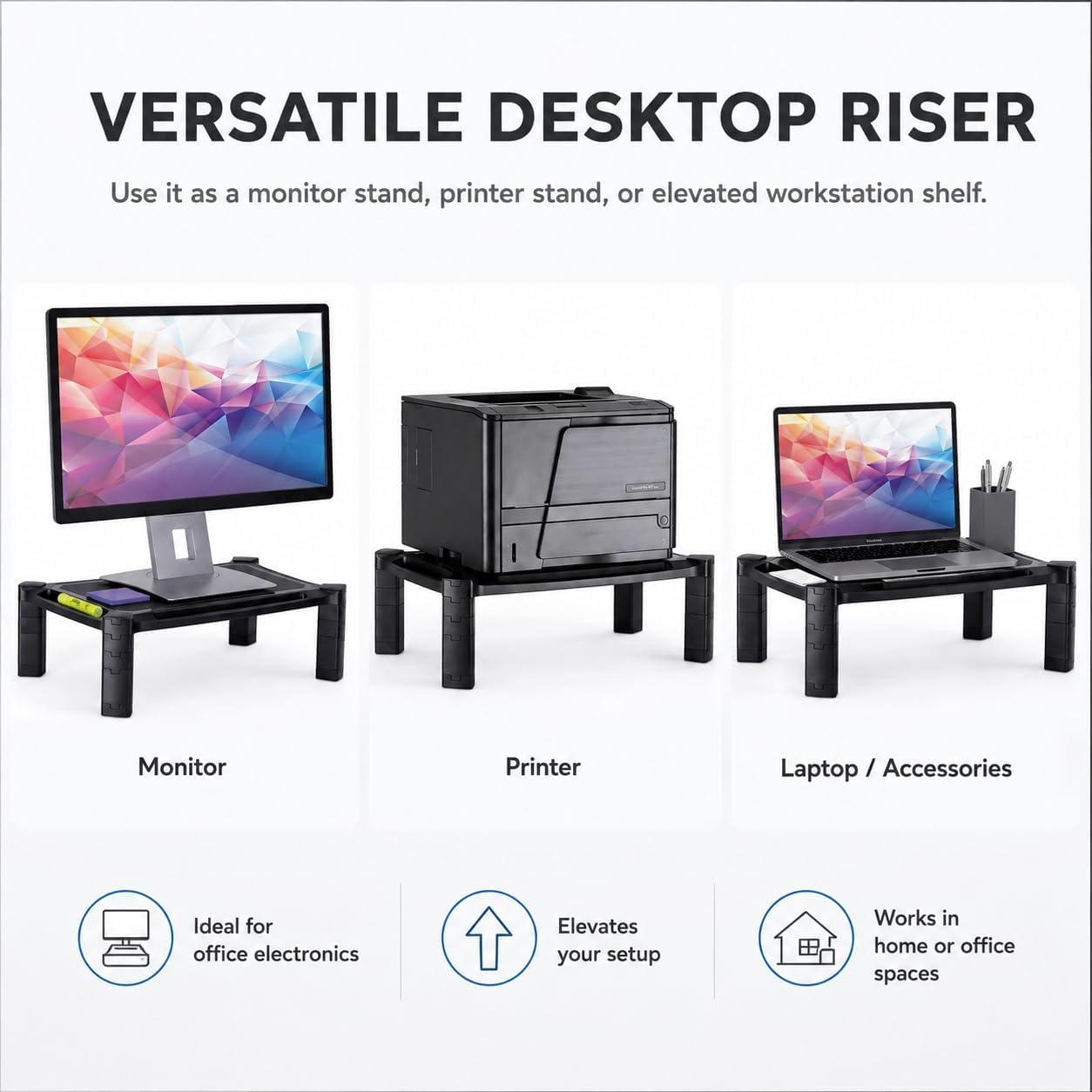image:imageMountIt Monitor Stand Riser with Storage Height Adjustable Desk Shelf for Monitor amp Printer Large 19 Platform Fits 1332 Screens up to 22 lbs Desk Organizer Black