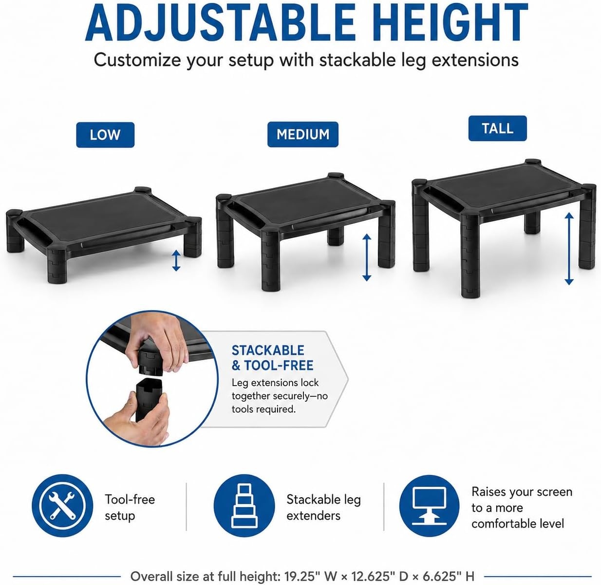 image:imageMountIt Monitor Stand Riser with Storage Height Adjustable Desk Shelf for Monitor amp Printer Large 19 Platform Fits 1332 Screens up to 22 lbs Desk Organizer Black