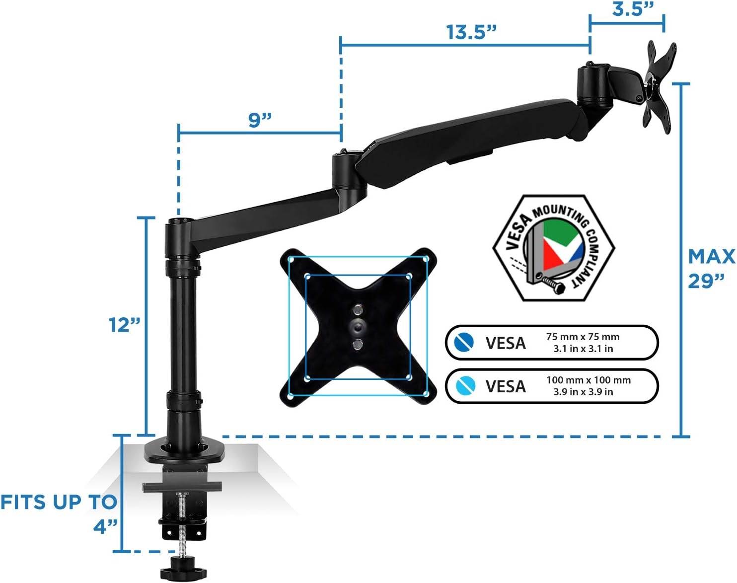 image:imageMountIt Premium Modular Monitor Desk Mount Arm Stand Full Motion Gas Spring Arm Fits 19 215 24 27 32 Inch Computer Screens with 75 100 VESA Patterns CClamp and Grommet Bases Black