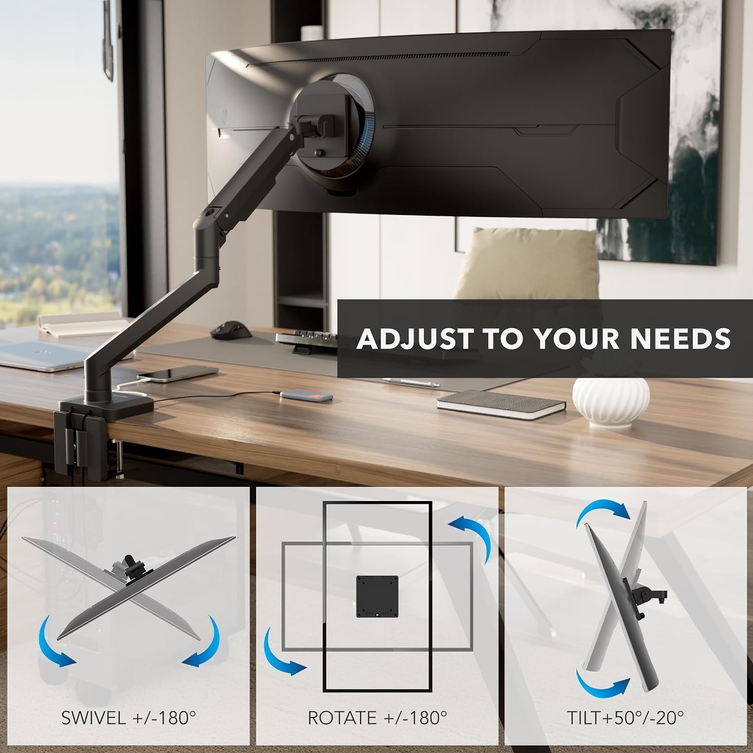 image:imageMountIt Proflex Series HeavyDuty Monitor Desk Mount Fits 1749 Ultrawide Curved Screens Full Motion Gas Spring Arm 44 lbs Capacity USBC amp USB 30 Ports VESA 75100 Clamp or Grommet Base