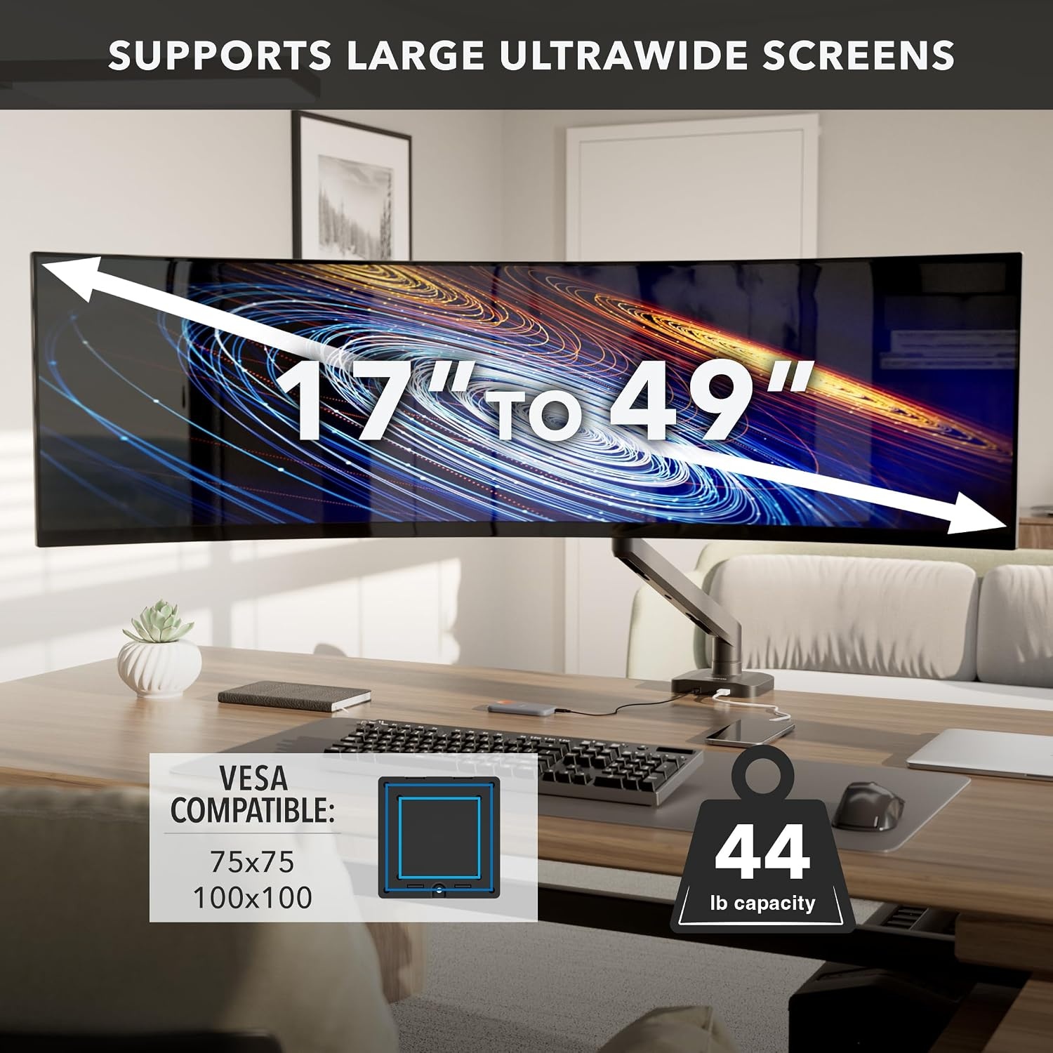image:imageMountIt Proflex Series HeavyDuty Monitor Desk Mount Fits 1749 Ultrawide Curved Screens Full Motion Gas Spring Arm 44 lbs Capacity USBC amp USB 30 Ports VESA 75100 Clamp or Grommet Base