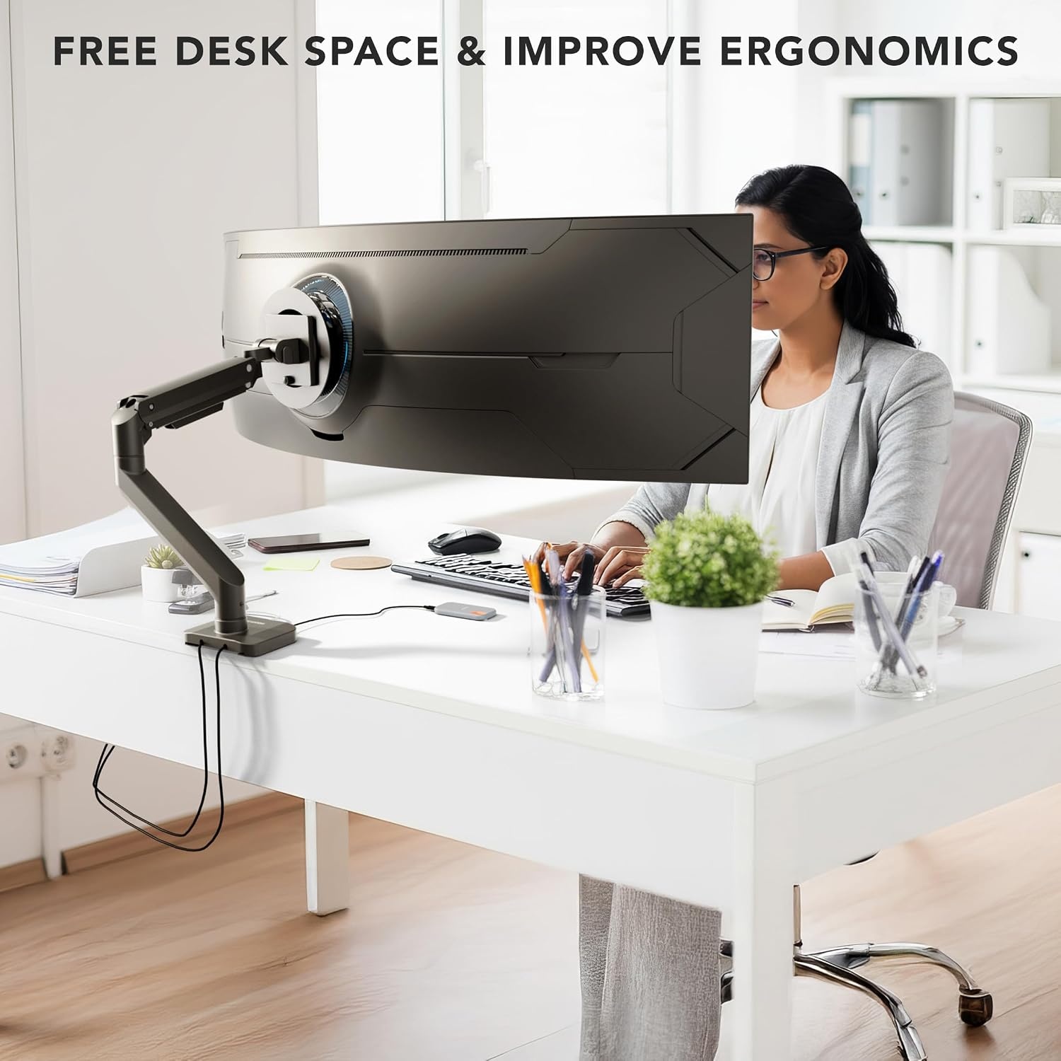 image:imageMountIt Proflex Series HeavyDuty Monitor Desk Mount Fits 1749 Ultrawide Curved Screens Full Motion Gas Spring Arm 44 lbs Capacity USBC amp USB 30 Ports VESA 75100 Clamp or Grommet Base