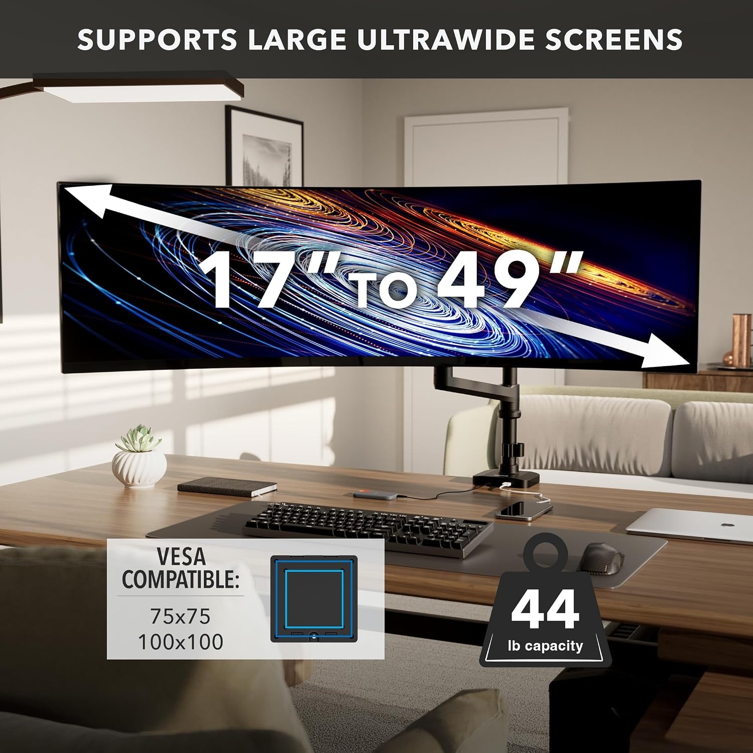 image:imageMountIt Proflex Series HeightAdjustable Ultrawide Monitor Arm with Pole Fits 1749 Screens Gas Spring 44 lbs Capacity USBC amp USB 30 Ports Full Motion VESA 75100 Clamp or Grommet