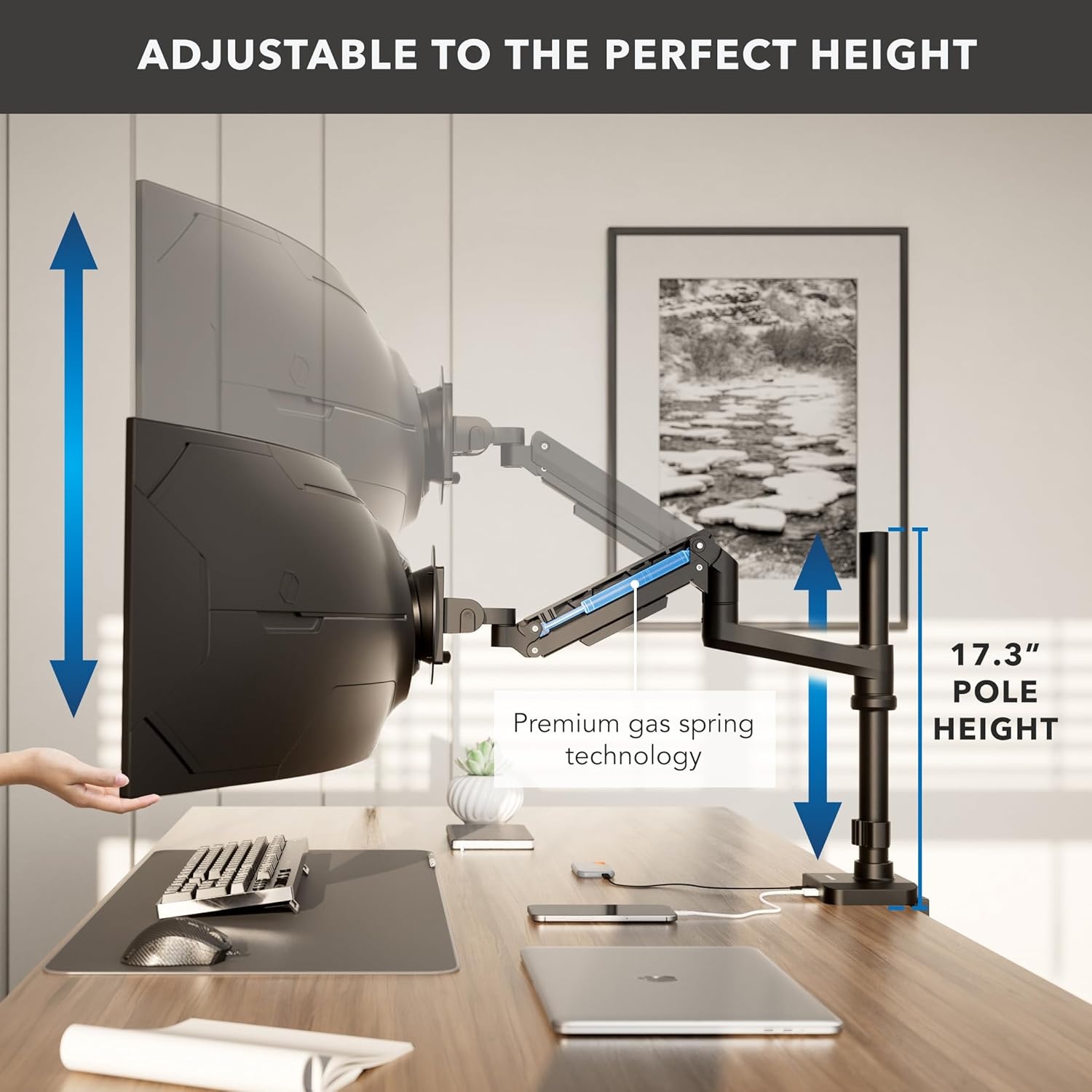 image:imageMountIt Proflex Series HeightAdjustable Ultrawide Monitor Arm with Pole Fits 1749 Screens Gas Spring 44 lbs Capacity USBC amp USB 30 Ports Full Motion VESA 75100 Clamp or Grommet