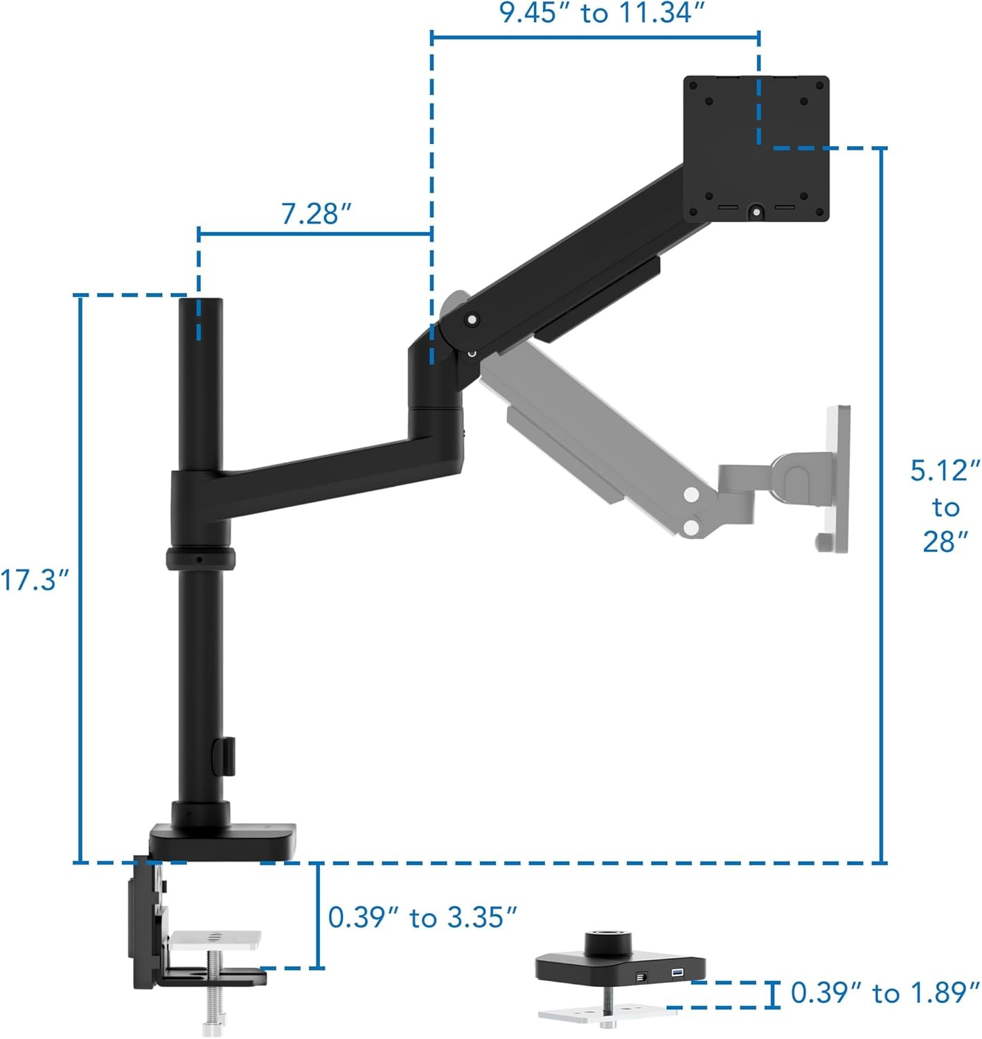 image:imageMountIt Proflex Series HeightAdjustable Ultrawide Monitor Arm with Pole Fits 1749 Screens Gas Spring 44 lbs Capacity USBC amp USB 30 Ports Full Motion VESA 75100 Clamp or Grommet