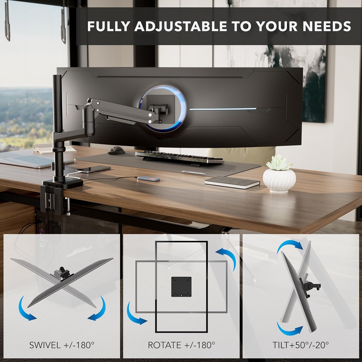 image:imageMountIt Proflex Series HeightAdjustable Ultrawide Monitor Arm with Pole Fits 1749 Screens Gas Spring 44 lbs Capacity USBC amp USB 30 Ports Full Motion VESA 75100 Clamp or Grommet