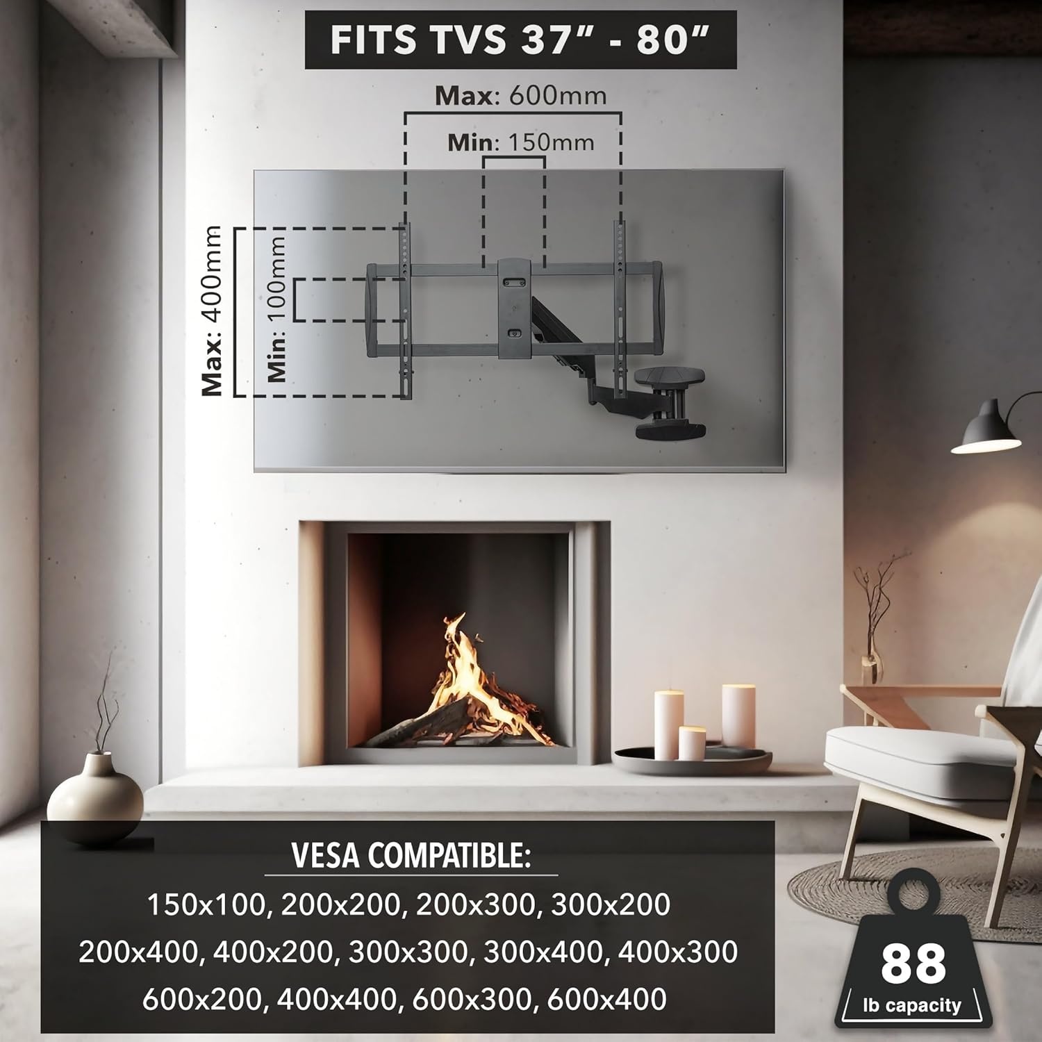 image:imageMountIt Pull Down TV Mount Drop Down Wall Mount with Gas Spring Arm HeightAdjustable TV Mount for 3780 Inch TVs Full Motion Swivel Tilt Bracket for Fireplace Fits VESA 600x400 Up to 88 lbs