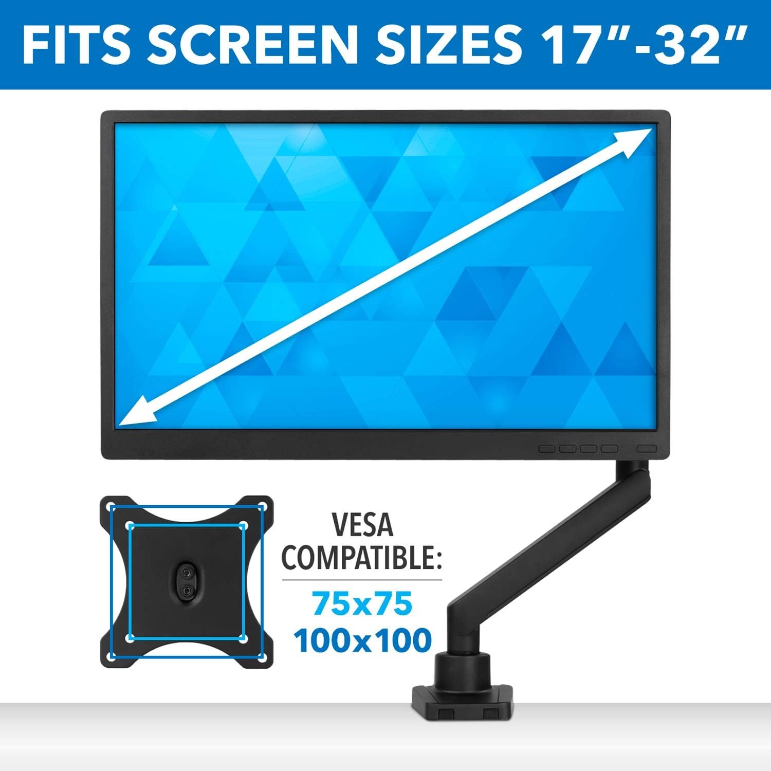 image:imageMountIt Single Monitor Arm Desk Mount for 2432 Inch Computer Screens Full Motion Aluminum Stand VESA 75x75 100x100 Holds up to 176 lbs Cable Management CClamp and Grommet Base Black