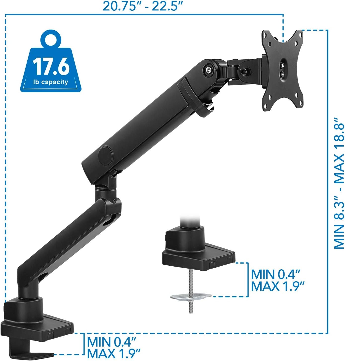 image:imageMountIt Single Monitor Arm Desk Mount for 2432 Inch Computer Screens Full Motion Aluminum Stand VESA 75x75 100x100 Holds up to 176 lbs Cable Management CClamp and Grommet Base Black