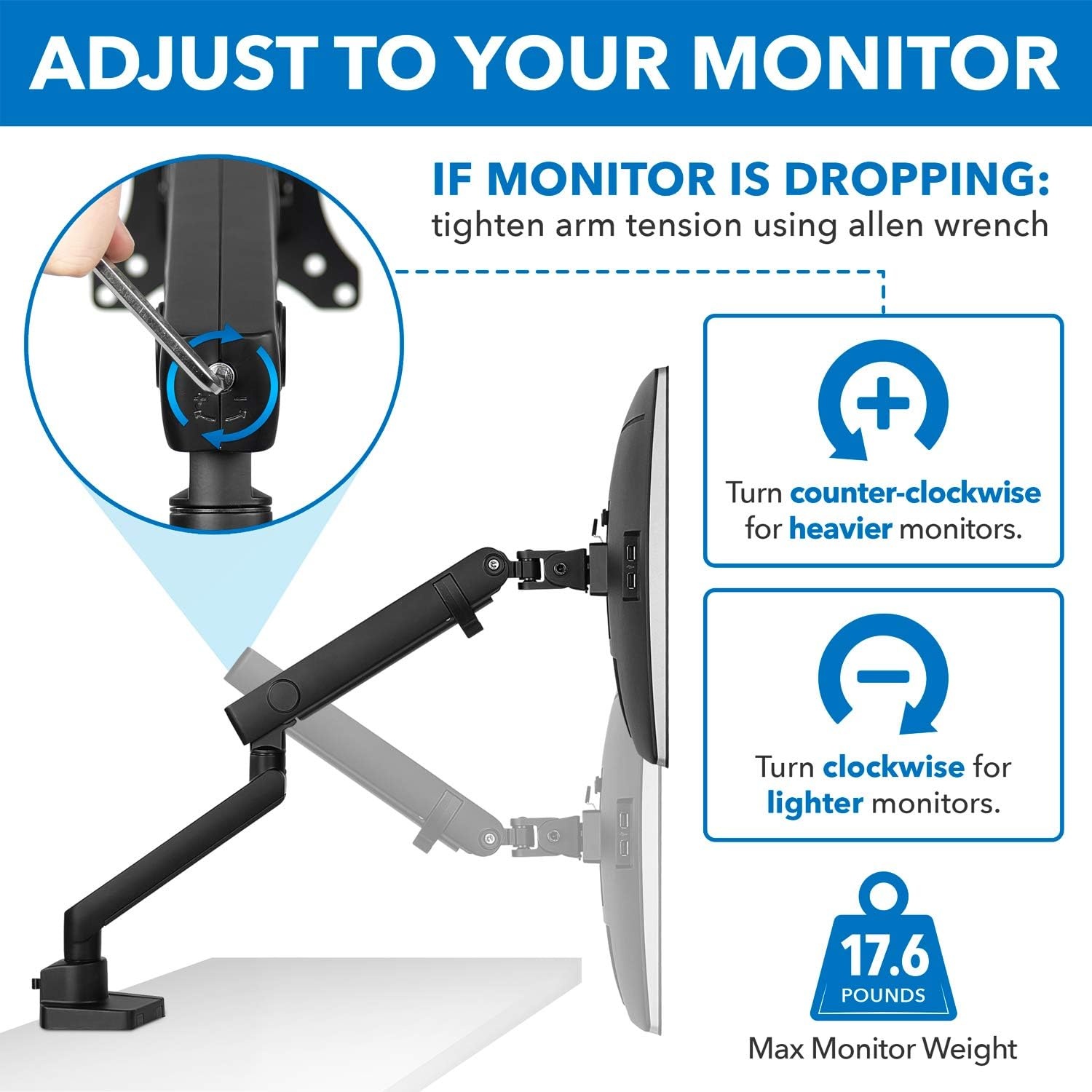 image:imageMountIt Single Monitor Arm Desk Mount for 2432 Inch Computer Screens Full Motion Aluminum Stand VESA 75x75 100x100 Holds up to 176 lbs Cable Management CClamp and Grommet Base Black