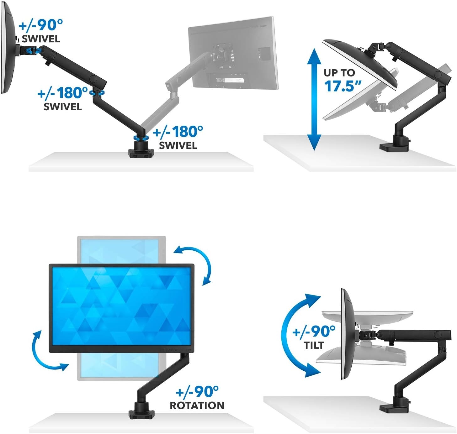 image:imageMountIt Single Monitor Arm Desk Mount for 2432 Inch Computer Screens Full Motion Aluminum Stand VESA 75x75 100x100 Holds up to 176 lbs Cable Management CClamp and Grommet Base Black