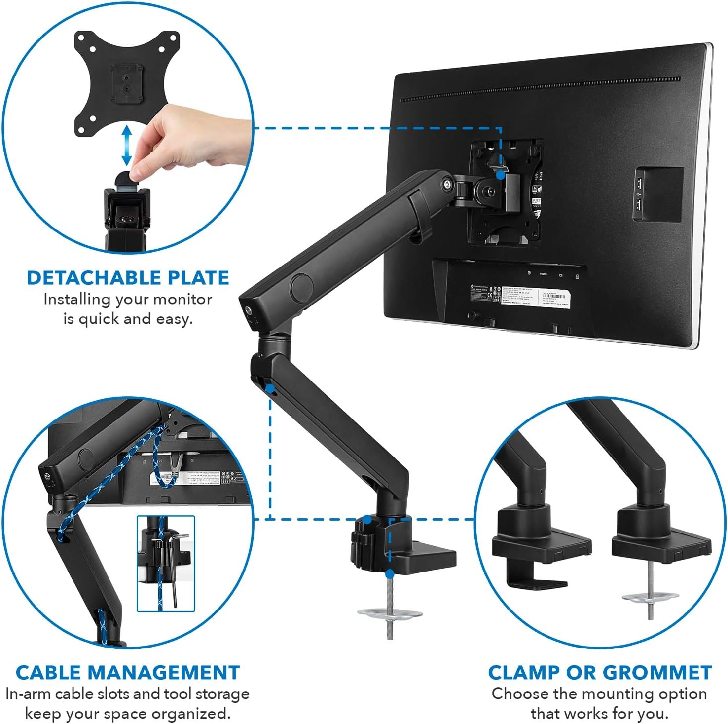 image:imageMountIt Single Monitor Arm Desk Mount for 2432 Inch Computer Screens Full Motion Aluminum Stand VESA 75x75 100x100 Holds up to 176 lbs Cable Management CClamp and Grommet Base Black