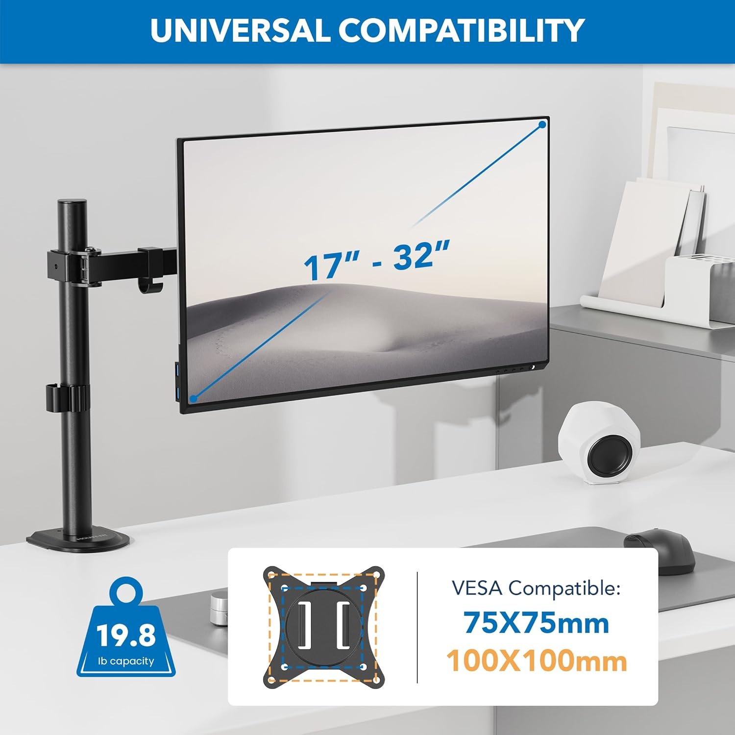 image:imageMountIt Single Monitor Arm Mount Desk Stand Full Motion Height Adjustable Articulating Tilt Fits 19 21 24 27 29 30 32 Inch VESA 75 100 Compatible Computer Screen CClamp and Grommet Base