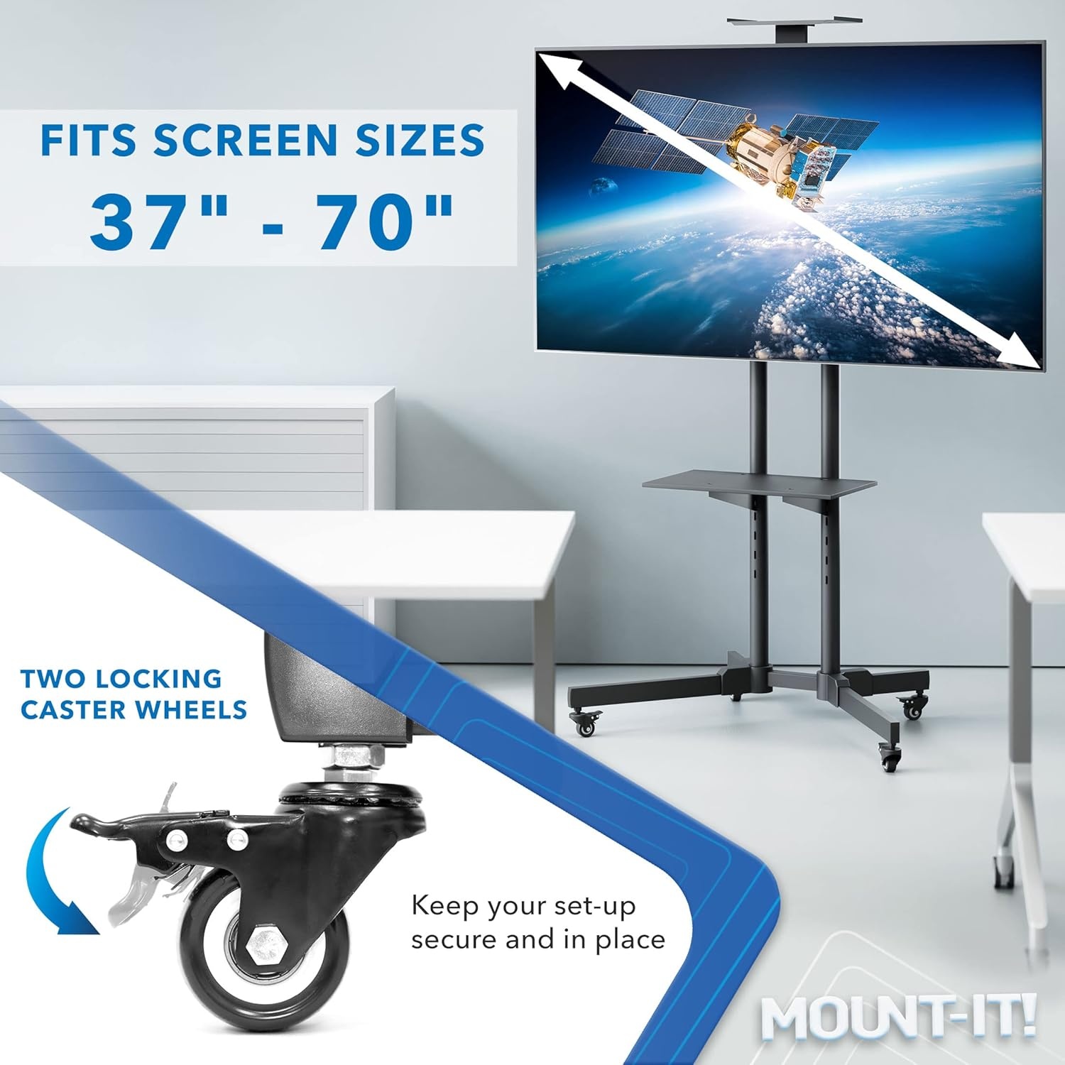 image:imageMountIt Tall Mobile TV Cart for 3770 Inch LCD LED OLED Flat amp Curved Screens Rolling TV Stand with Wheels Camera Tray amp AV Shelf Locking Casters Height Adjustable Max VESA 600x400 110 lbs