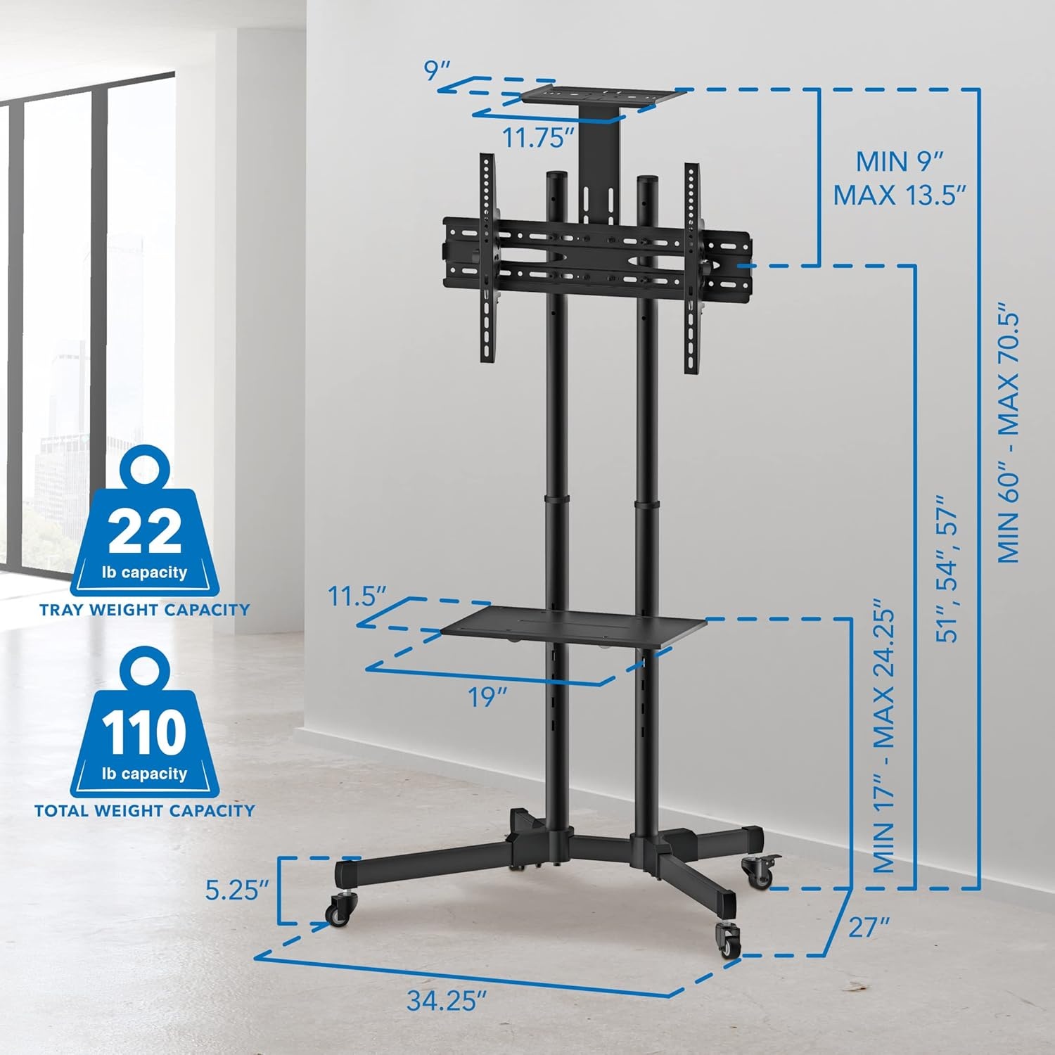 image:imageMountIt Tall Mobile TV Cart for 3770 Inch LCD LED OLED Flat amp Curved Screens Rolling TV Stand with Wheels Camera Tray amp AV Shelf Locking Casters Height Adjustable Max VESA 600x400 110 lbs