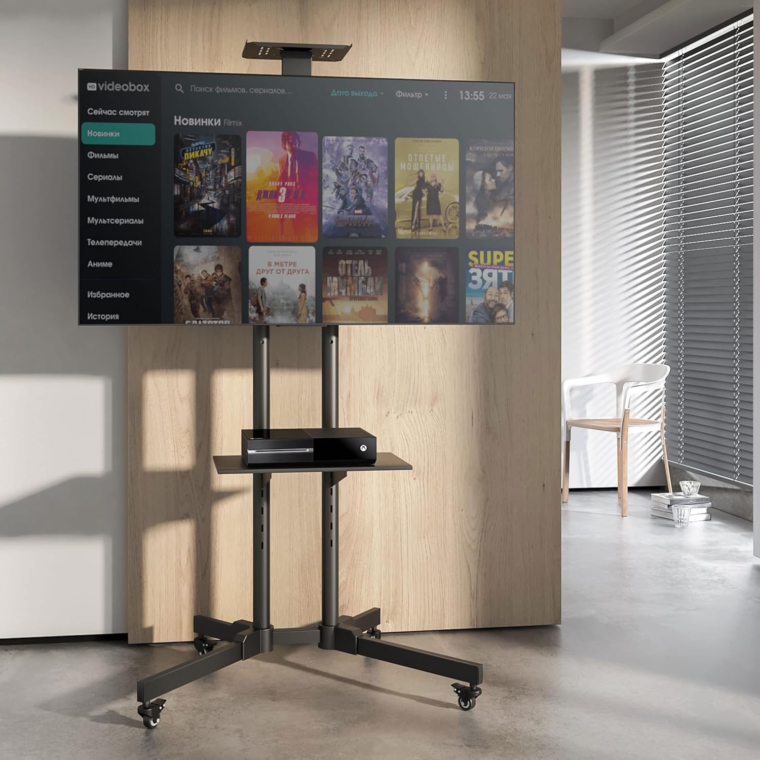 image:imageMountIt Tall Mobile TV Cart for 3770 Inch LCD LED OLED Flat amp Curved Screens Rolling TV Stand with Wheels Camera Tray amp AV Shelf Locking Casters Height Adjustable Max VESA 600x400 110 lbs