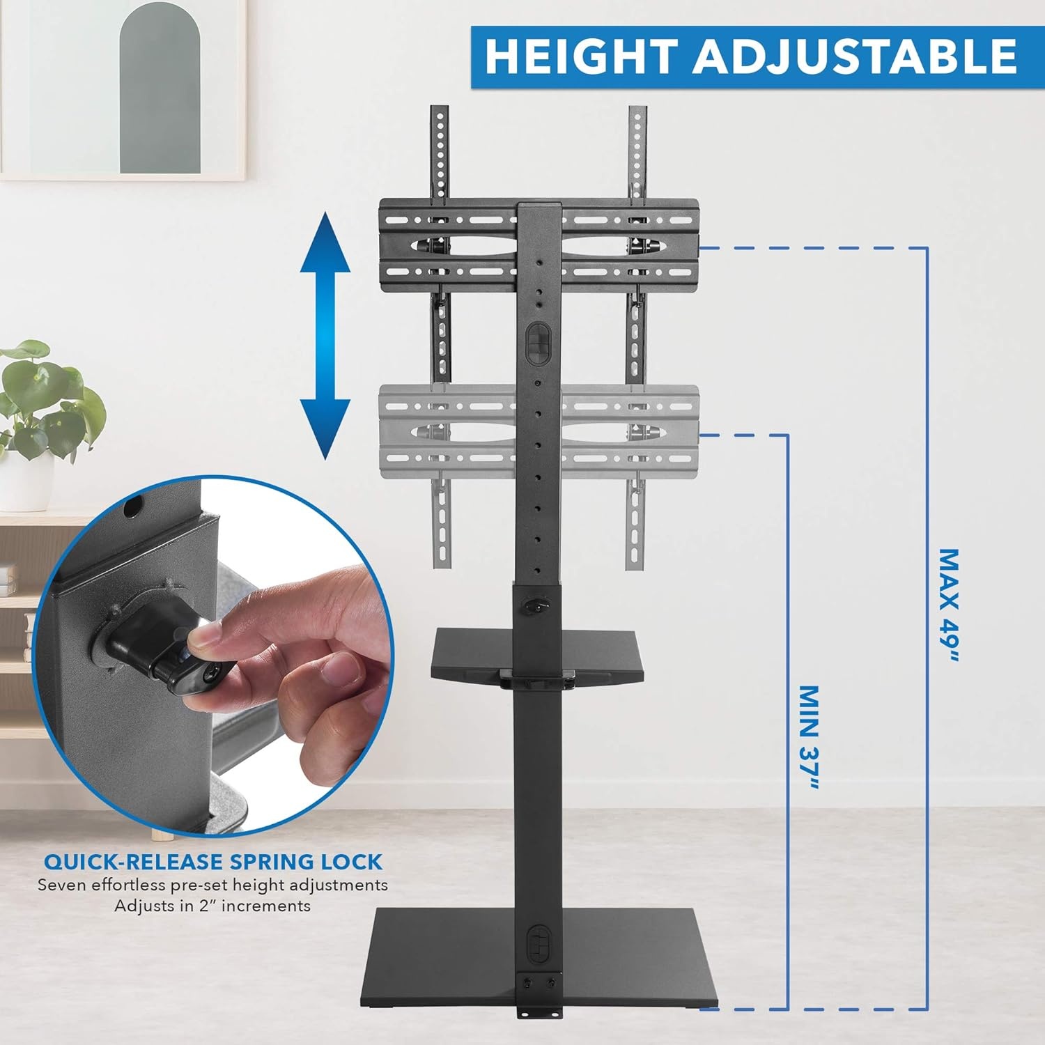 image:imageMountIt Tall TV Floor Stand with Shelf amp Tilt Height Adjustable 3755 TV Stand NoDrill Freestanding Floor Mount for Apartments amp Dorms Holds 77 lbs VESA 400x400