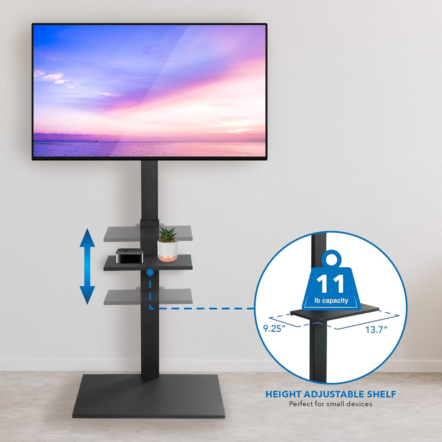 image:imageMountIt Tall TV Floor Stand with Shelf amp Tilt Height Adjustable 3755 TV Stand NoDrill Freestanding Floor Mount for Apartments amp Dorms Holds 77 lbs VESA 400x400