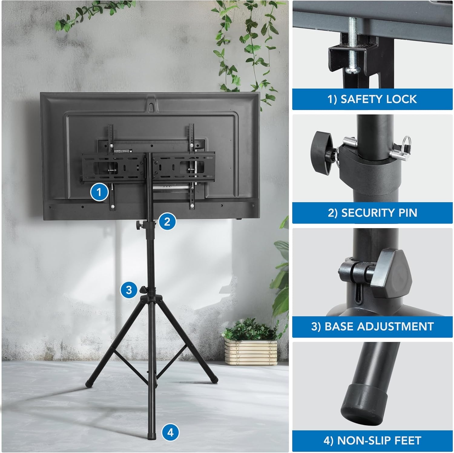 image:imageMountIt Tripod TV Stand Portable TV Tripod for Flat Screens 3270 Inch IndoorOutdoor Height Adjustable Stand VESA 200x200 to 600x400 for LCD LED OLED Curved TVs Holds up to 77lbs
