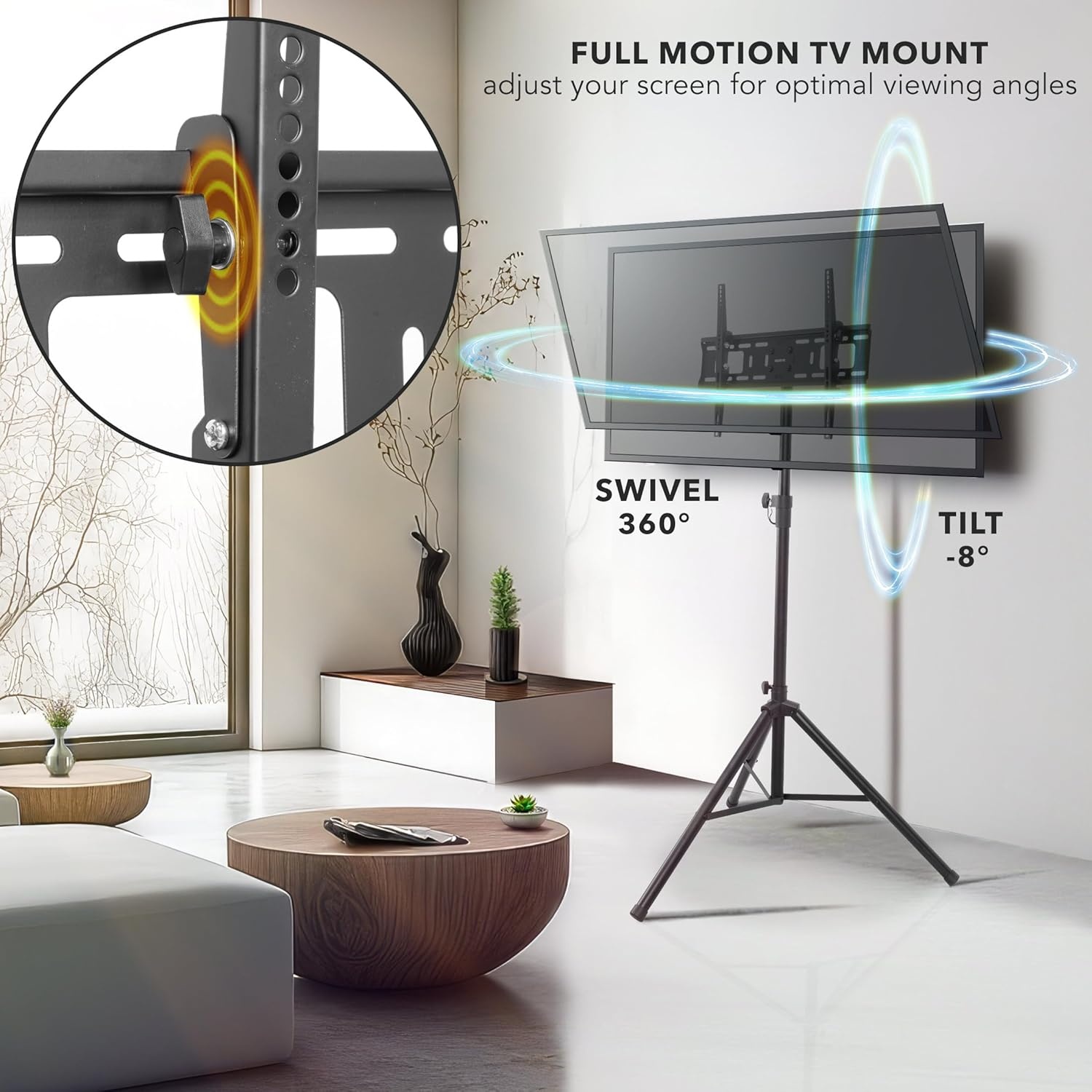 image:imageMountIt Tripod TV Stand Portable TV Tripod for Flat Screens 3270 Inch IndoorOutdoor Height Adjustable Stand VESA 200x200 to 600x400 for LCD LED OLED Curved TVs Holds up to 77lbs