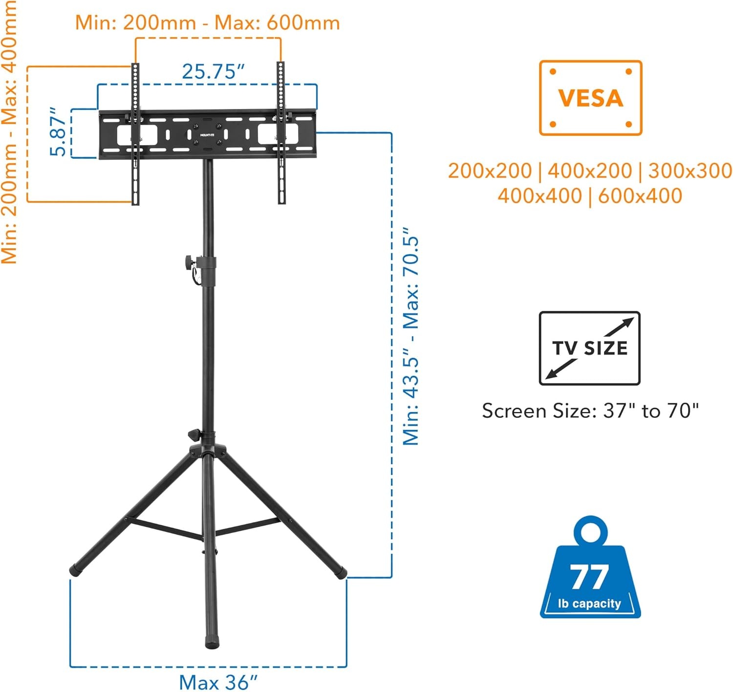 image:imageMountIt Tripod TV Stand Portable TV Tripod for Flat Screens 3270 Inch IndoorOutdoor Height Adjustable Stand VESA 200x200 to 600x400 for LCD LED OLED Curved TVs Holds up to 77lbs