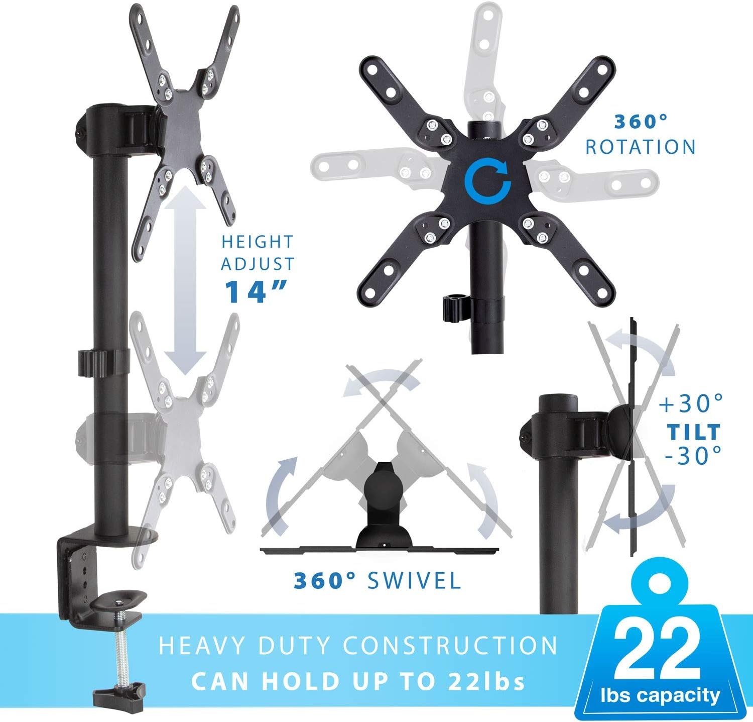 image:imageMountIt UltraWide Single Monitor Arm Desk Mount Height Adjustable Pole Stand for 1342 Inch Screens up to 22 lbs VESA 75x75 to 200x200 Clamp amp Grommet
