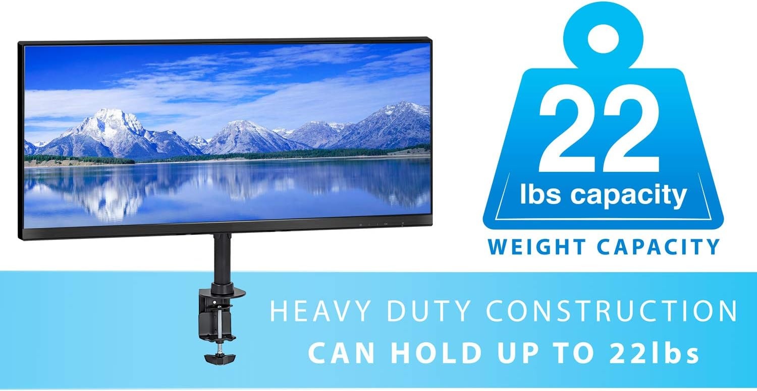 image:imageMountIt UltraWide Single Monitor Arm Desk Mount Height Adjustable Pole Stand for 1342 Inch Screens up to 22 lbs VESA 75x75 to 200x200 Clamp amp Grommet