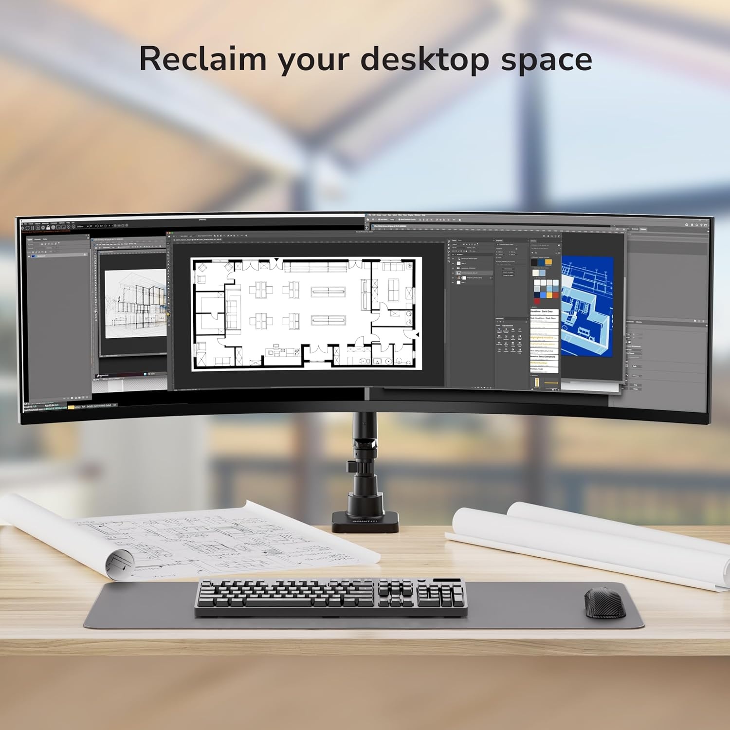 image:imageMountIt Ultrawide Monitor Desk Mount with Pole Fits 1749 Screens Heavy Duty HeightAdjustable Gas Spring Arm 44 lbs Capacity Full Motion VESA 75100 Clamp or Grommet