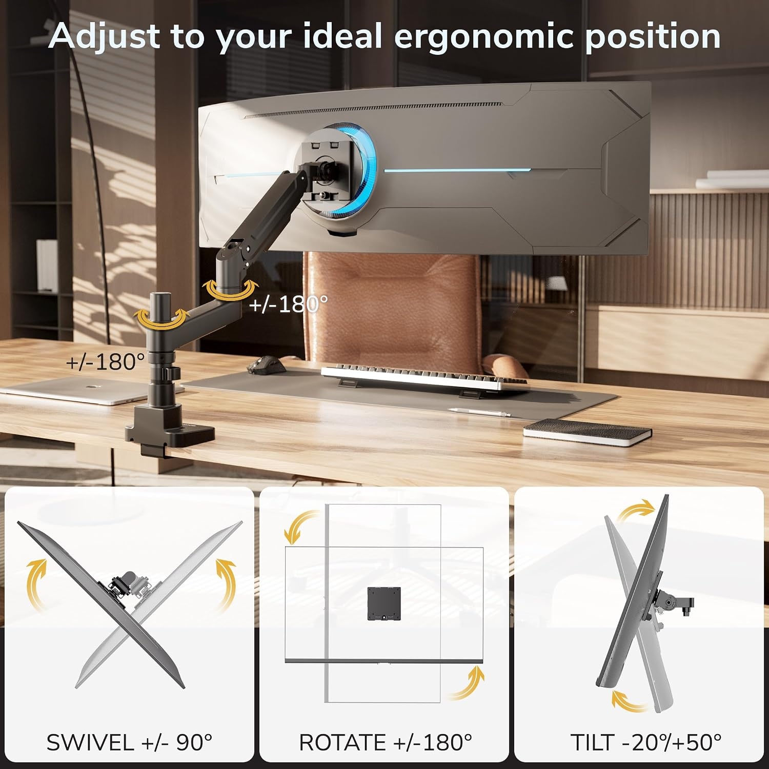 image:imageMountIt Ultrawide Monitor Desk Mount with Pole Fits 1749 Screens Heavy Duty HeightAdjustable Gas Spring Arm 44 lbs Capacity Full Motion VESA 75100 Clamp or Grommet