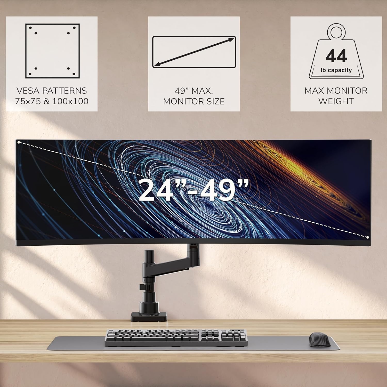 image:imageMountIt Ultrawide Monitor Desk Mount with Pole Fits 1749 Screens Heavy Duty HeightAdjustable Gas Spring Arm 44 lbs Capacity Full Motion VESA 75100 Clamp or Grommet