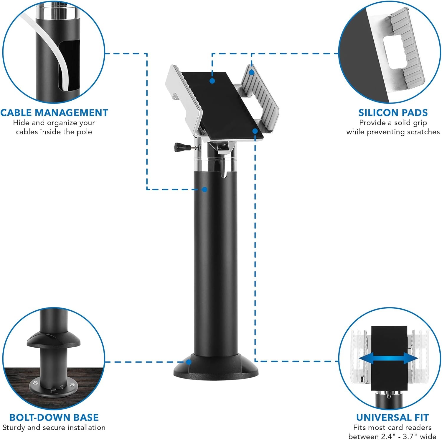 image:imageMountIt Universal Credit Card POS Terminal Stand for VeriFone Ingenico First Data Card Readers Adjustable Clamp Width With Tilt Swivel Adhesive or Bolt Down Installation