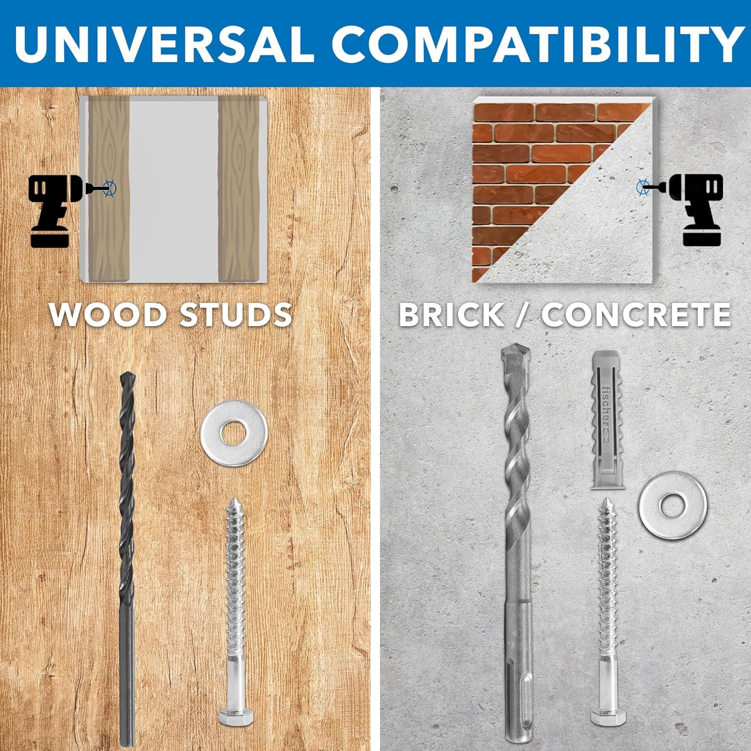 image:imageMountIt Universal TV Mounting Hardware Kit Lag Screw and Drill Bit Set Includes Screws Washers Fischer Anchors Wood Drill Bit and Concrete Drill Bit for Easy Installation8mm x 90mm 6mm x 101mm 10mm x 120mm