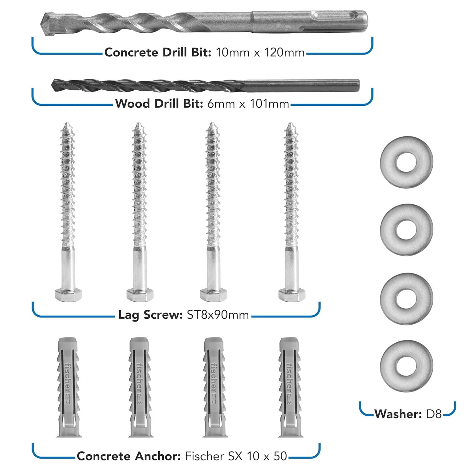 image:imageMountIt Universal TV Mounting Hardware Kit Lag Screw and Drill Bit Set Includes Screws Washers Fischer Anchors Wood Drill Bit and Concrete Drill Bit for Easy Installation8mm x 90mm 6mm x 101mm 10mm x 120mm Pack of 2
